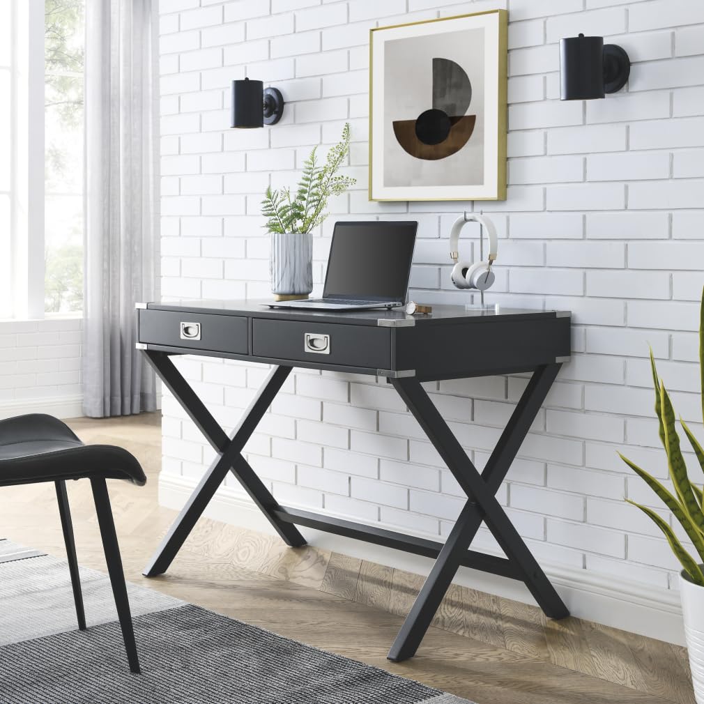 TRIPLE TREE Solid Wood Computer Desk with Storage Drawers - Modern Home Office Desk, Small Writing Study Table for Study Room & Bedroom Vanity Table - Perfect for Remote Work, Online Learning & Makeup Organization (Black)