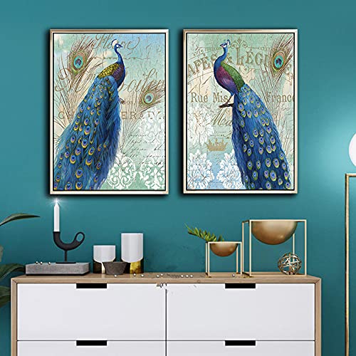 Peacock Framed Wall Art - 2 Panels Canvas Blue Peacock Tail Feather Painting with Flowers, Animal Wall Decor for Living Room, Bedroom, Bathroom & Farmhouse - Perfect for Home Decor, Housewarming Gifts & Bohemian Style Interiors (18
