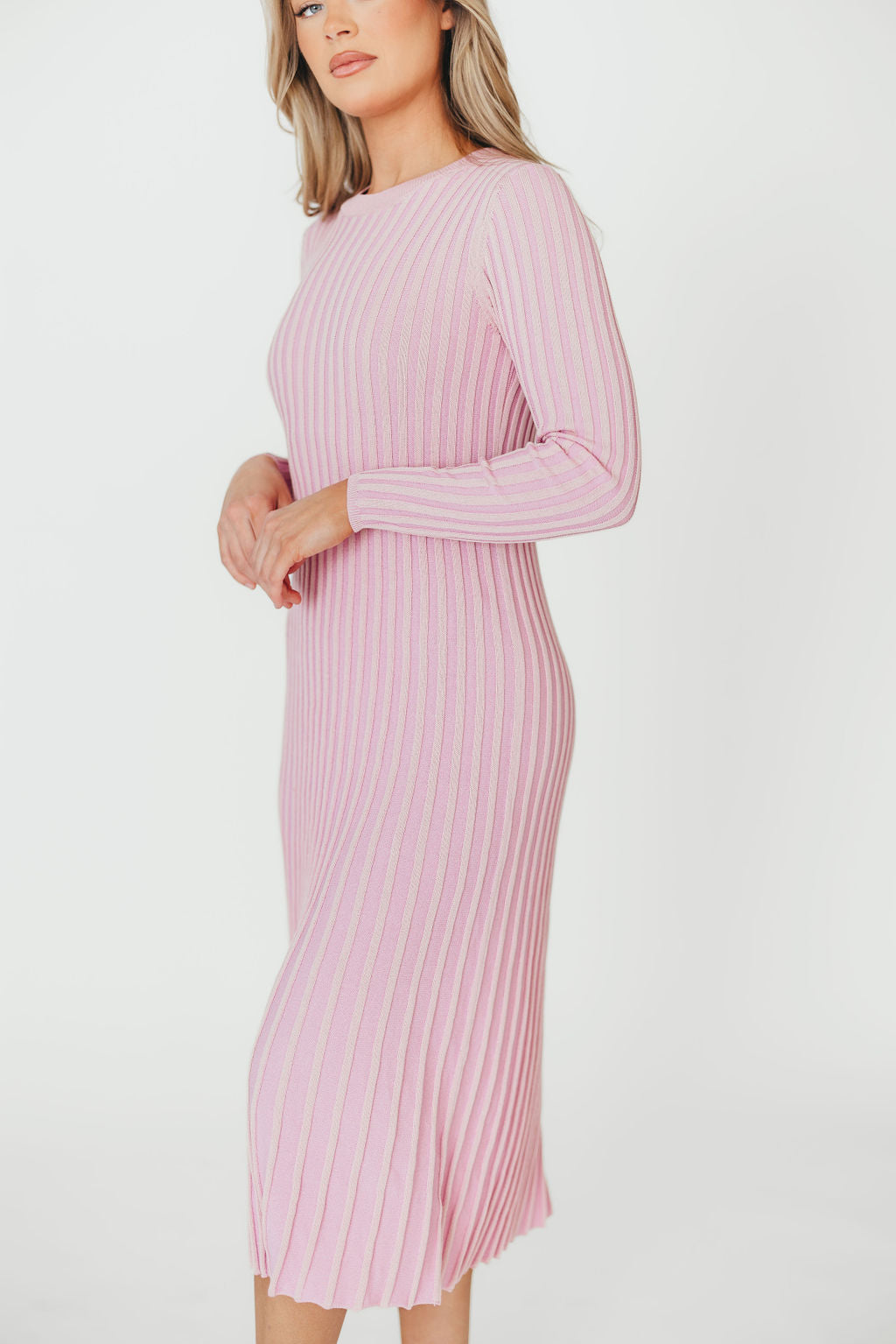 Lacey Long Sleeve Ribbed Sweater Midi Dress in Pink - Bump Friendly Maternity Dress for Pregnancy & Nursing, Perfect for Fall/Winter, Date Night & Baby Shower