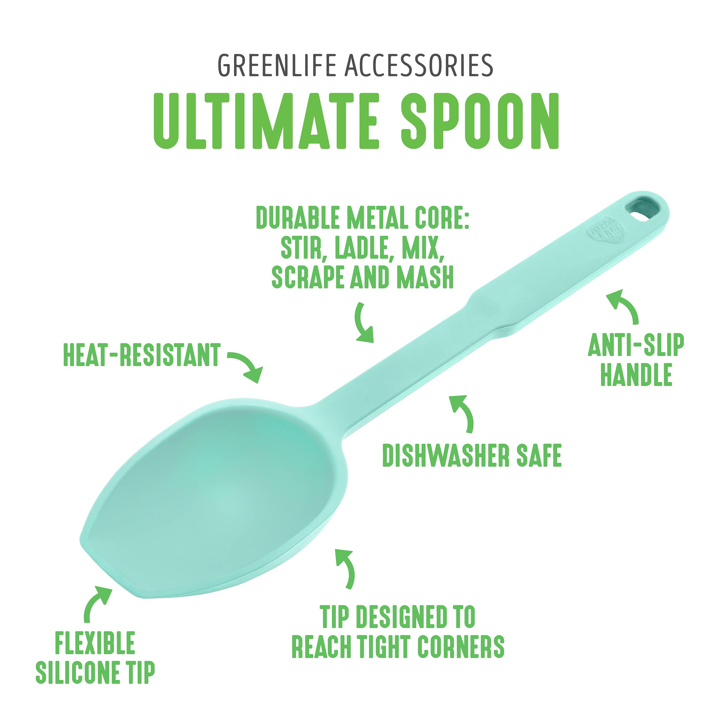 GreenLife Silicone Cooking Spoon - Heat & Stain Resistant Kitchen Utensil for Scooping, Scraping & Mixing - Dishwasher Safe Turquoise Spatula - Perfect for Baking, Cooking & Meal Prep