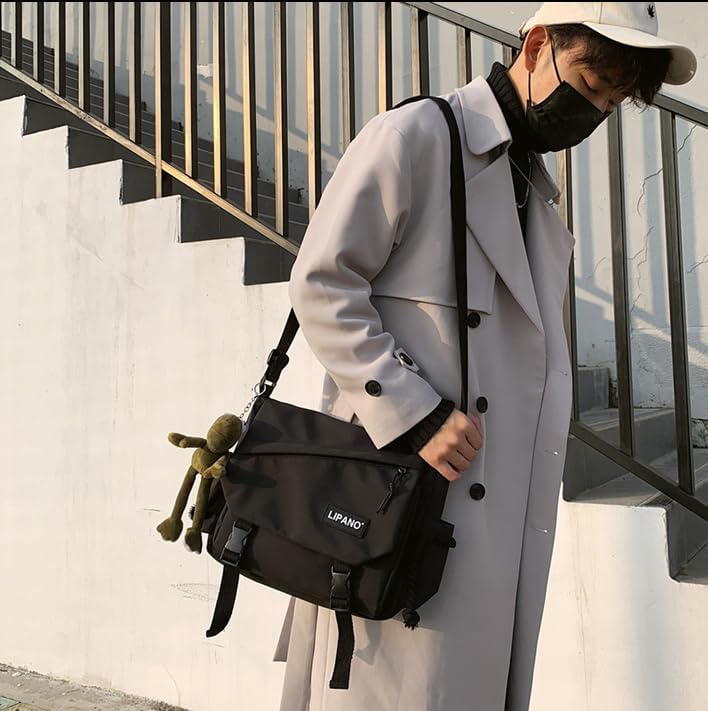 Stylish Unisex Nylon Crossbody Bag with Cute Pins & Ornament - Japanese Kawaii Messenger Shoulder Bag for Women & Men | Perfect for Travel, Work & Everyday Use