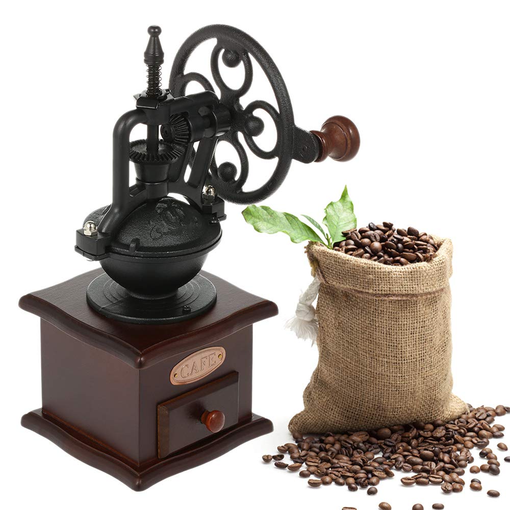 Vintage Cast Iron Manual Coffee Grinder - Adjustable Hand Crank Mill with Grind Settings & Drawer - 11.5 x 11.5 x 26 cm - Perfect for Home, Office, Camping & Travel Brewing