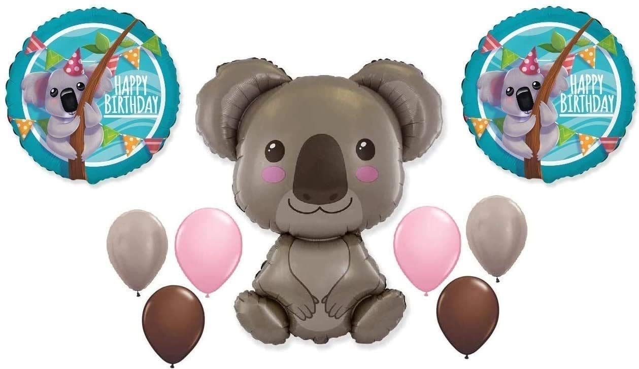 9-Piece Koala Happy Birthday Party Decor Set - Cute Australia & New Zealand Travel Theme with Outback Jungle Animal Safari Favors & Balloons - Perfect for Kids Birthday Parties, Baby Showers & Themed Events