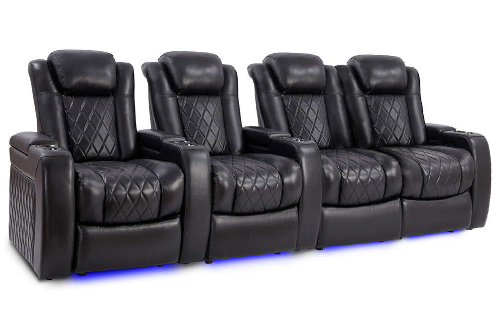 2025 New Tuscany Slim Leather Home Theater Seating - Row of 4 Loveseat Right in Midnight Black | Valencia Premium Cinema Chairs for Home Theater & Media Room