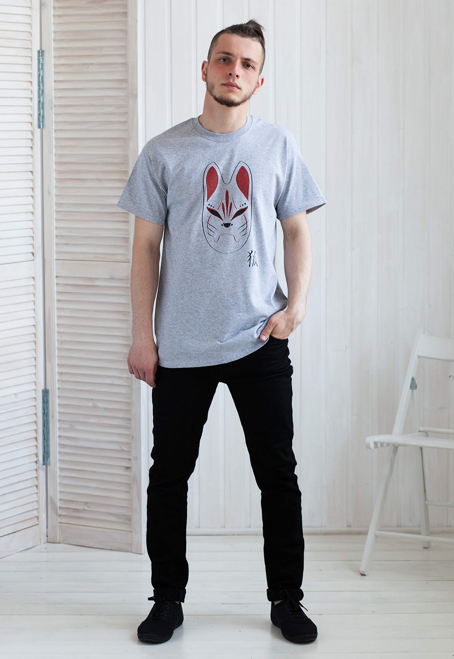 Japanese Anime Kitsune Fox Mask Printed T-Shirt - Kawaii Manga Graphic Tee for Cosplay, Casual Wear & Anime Fans