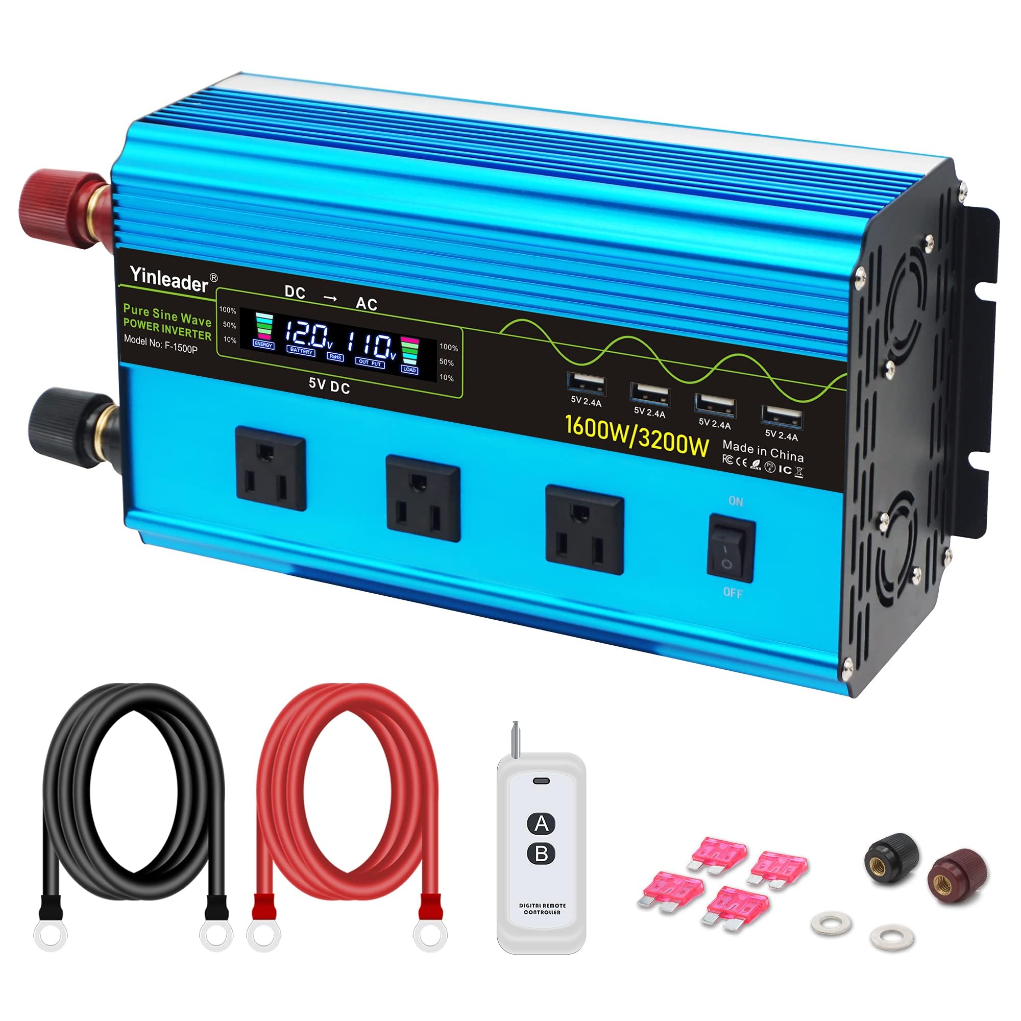 Yinleader 1600W Pure Sine Wave Power Inverter - DC 12V to AC 110V Converter with LCD Display, Wireless Remote, 3 Outlets & 4 USB Ports - Ideal for Cars, Trucks, RVs, Home Use & Charging Laptops, Phones, Appliances