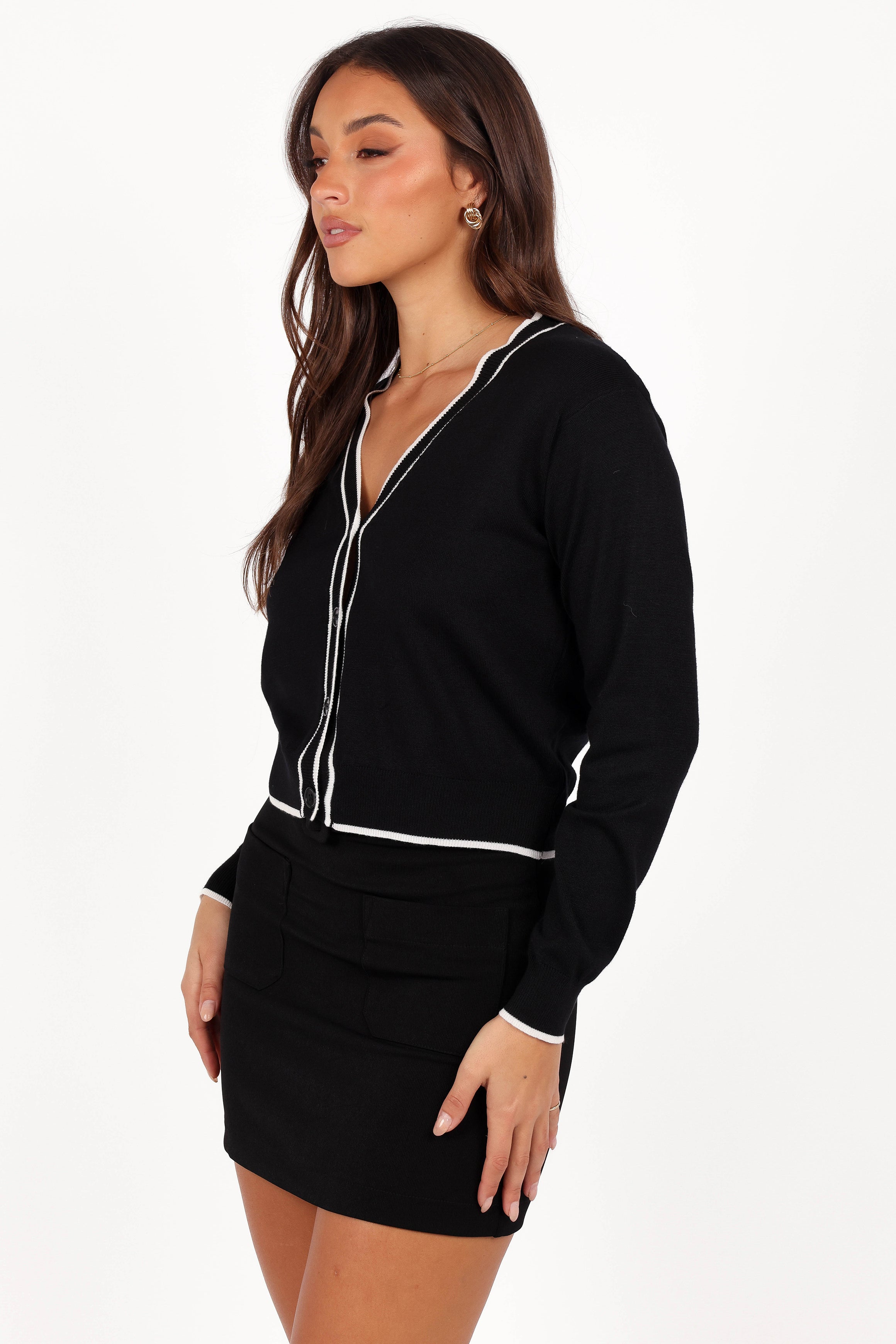Felix Double Contrast Button Front Cardigan for Women - Soft Knit Sweater, Stylish Black Cardigan for Fall & Winter - Perfect for Office, Casual Outfits, and Layering