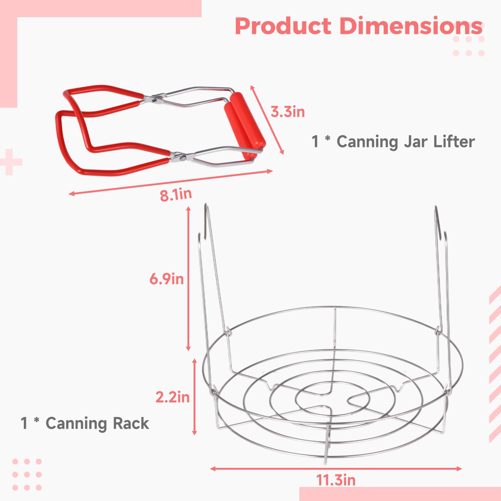 Stainless Steel Canning Rack Jar Lifter - 11.3 Inches Canning Tool with Tong for Wide Mouth & Regular Mason Jars, Ball Jars | Perfect for Water Bath Canning, Preserving Fruits, Vegetables & Homemade Jams