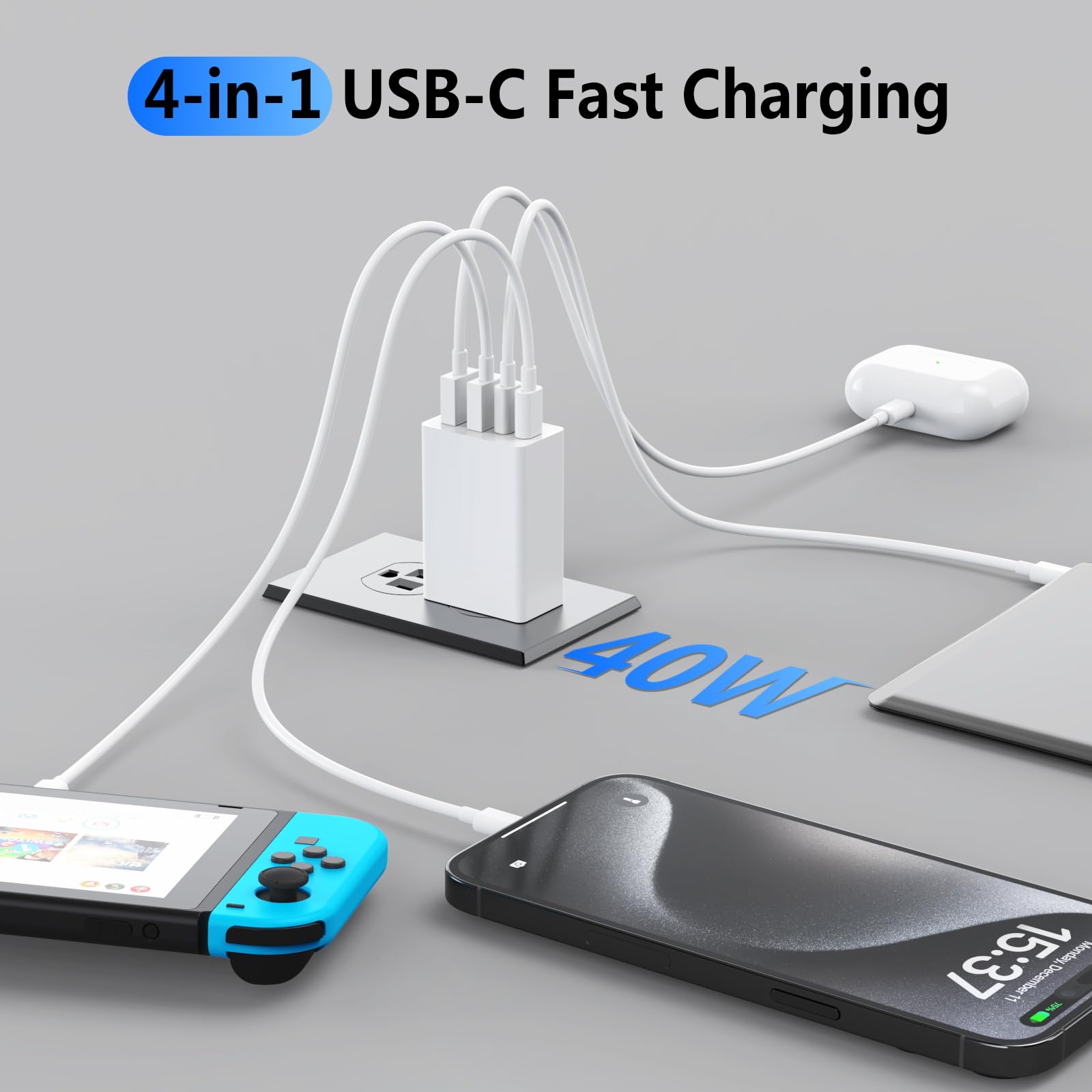 2-Pack 40W Fast USB C Wall Charger with 4-Port PD & QC - Compact Multi-Port Charging Block for iPhone 16/15/14 Pro Max, iPad, Galaxy S23/S22, Tablets - White - Perfect for Home, Office & Travel Charging Needs
