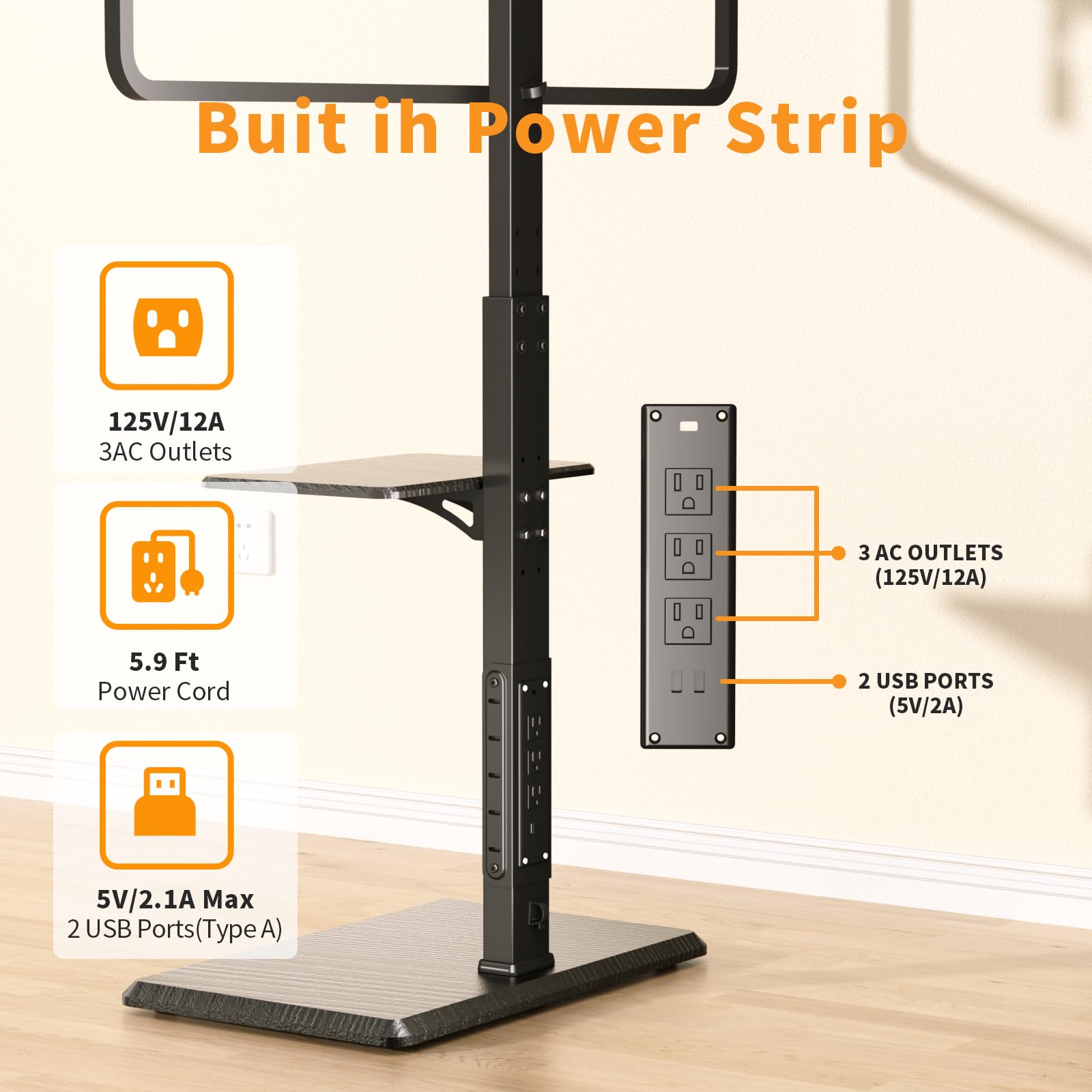 Universal TV Floor Stand for 32-75 Inch TVs up to 110 lbs - Adjustable Height & Swivel Base with Power Outlet & Removable Shelf - Sturdy TV Mount Stand for Living Room, Bedroom, Office (TCP01-2-M-A01)