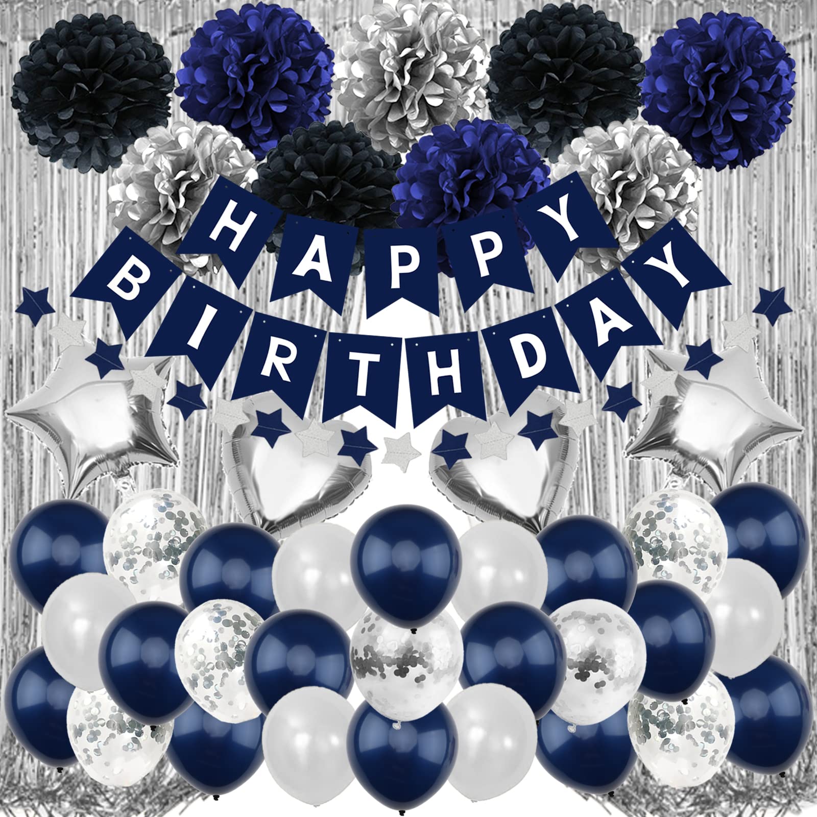 Navy Blue Birthday Party Decorations for Men, Women, Boys & Girls - Happy Birthday Banner, Pom Poms, Foil Balloons & Curtains - Perfect for Adult Birthday Parties, Baby Showers & Anniversary Celebrations