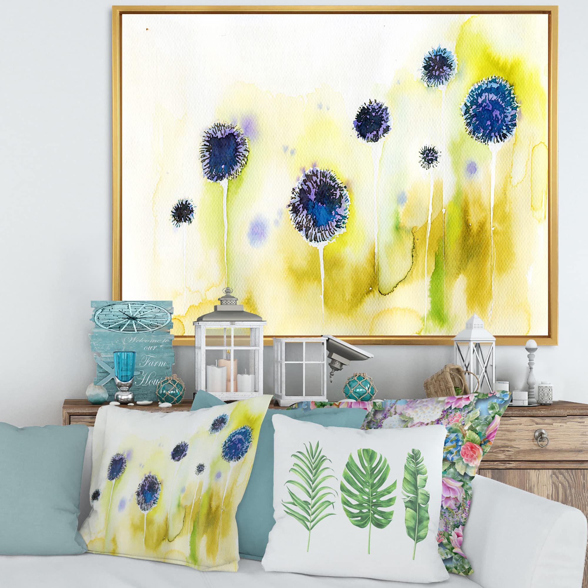 Blue Flowers In The Meadow - Traditional Framed Canvas Wall Art Print - Perfect for Living Room, Bedroom & Office Decor