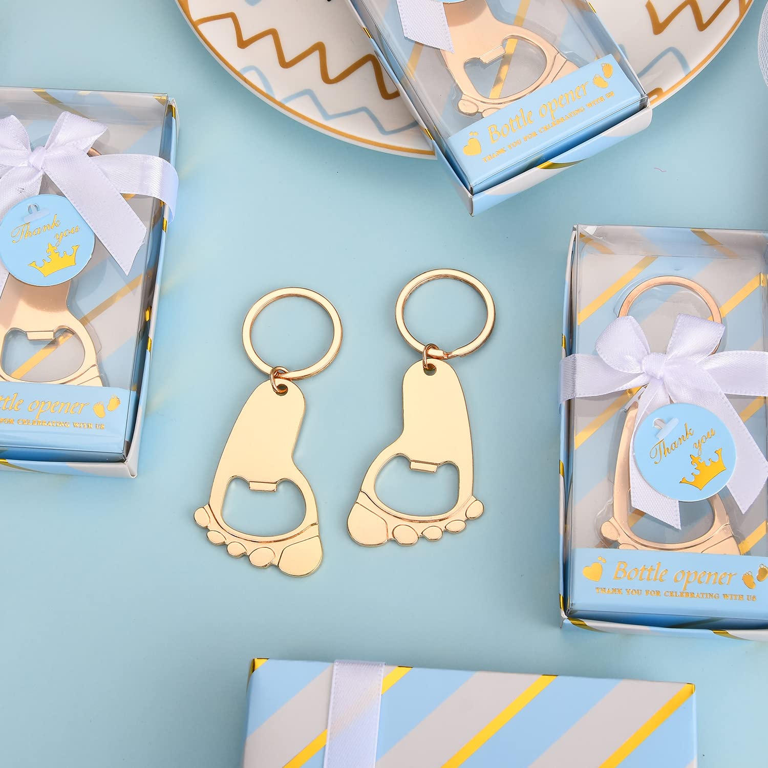 24Pcs Baby Boy Footprint Keychain Bottle Openers - Cute Baby Feet Shaped Keyrings with Bottle Opener Function - Perfect Baby Shower Favors, Birthday Party Gifts & Return Gifts (Comes in Blue Gift Boxes) - Great for Newborn Celebrations, Christening Parties & Gender Reveal Events