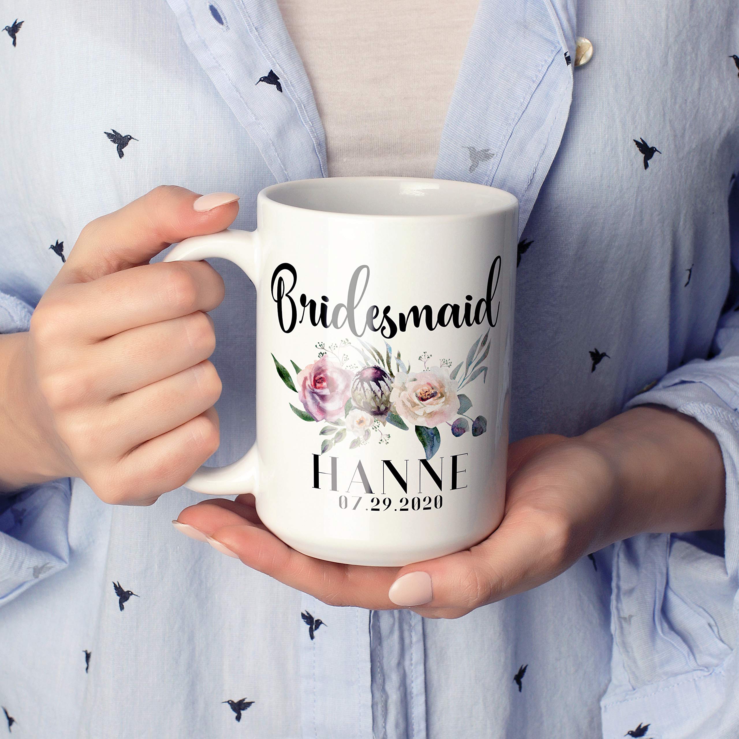 Personalized Bridesmaid Coffee Mug Set of 6 - 15oz Ceramic Mugs with Free Customization - Perfect for Matron of Honor, Mother of the Bride & Bridesmaid Gifts - Floral Design - Ideal for Bachelorette Parties, Wedding Showers & Thank You Gifts