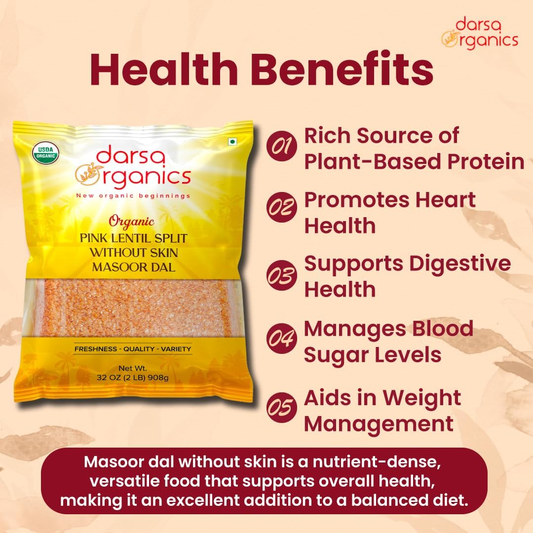 Darsa Organics Red Lentils 4 lb - USDA Certified, Non-GMO, Gluten-Free, Kosher, Indian Masoor Dal Without Skin | High Protein Plant-Based Lentils for Soup, Stews, Pasta, Curries & Vegan Recipes | Perfect for Meal Prep & Healthy Cooking