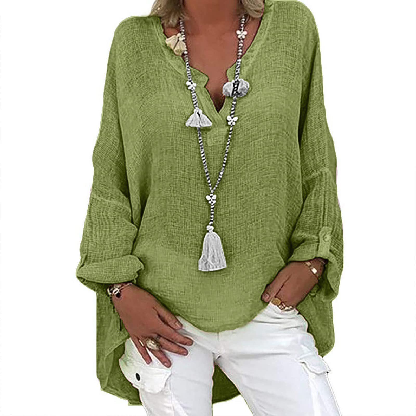 Women's Long Sleeve Casual V-Neck Loose Fit Tunic Blouse - Trendy Fall Tops for Going Out, Plus Size (Perfect for Office, Date Night & Autumn Layering)