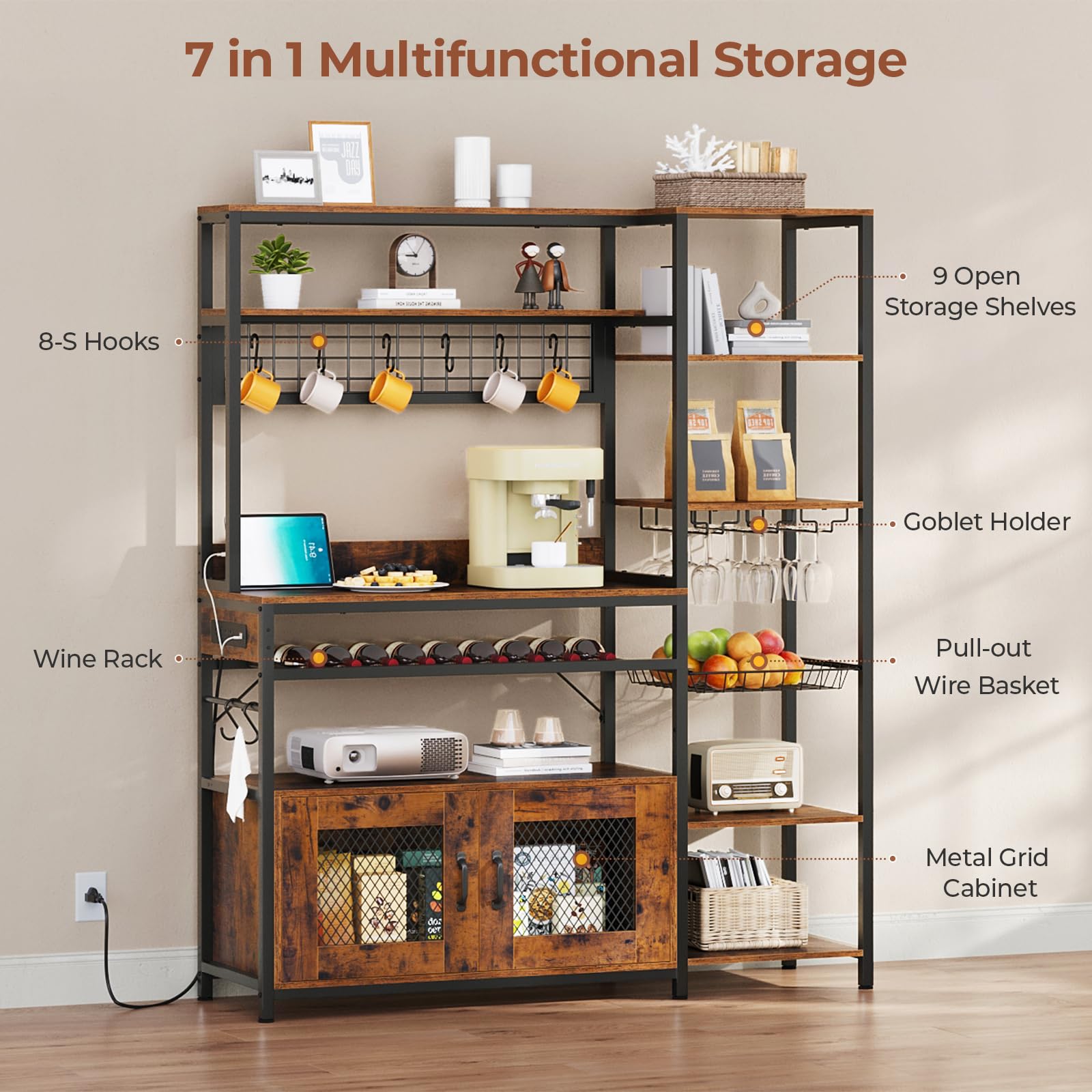 Rustic Brown Bakers Rack with Power Outlet - 47.2 Inch Microwave Stand with Storage Shelves, Coffee Bar Cabinet, Kitchen Pantry Hutch - Includes Side Hooks, Wine Rack & Goblet Holder - Perfect for Kitchen Organization, Coffee Station or Dining Room Storage (Medium Size)
