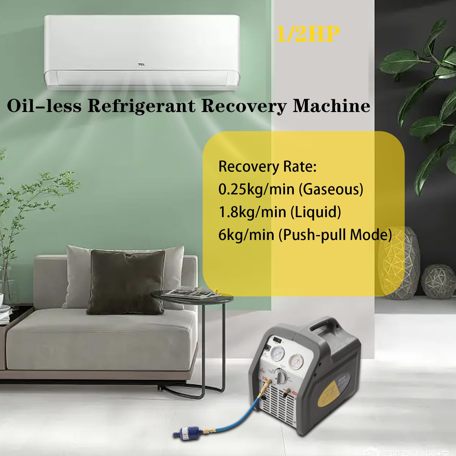1/2 HP Portable Refrigerant Recovery Machine - 110V 60Hz HVAC AC Recovery Unit for Liquid & Vapor Refrigerant, 558psi High-Pressure Protection, Double Cylinder Design (Grey) - Ideal for HVAC Technicians, AC Repair, and Refrigerant Recycling