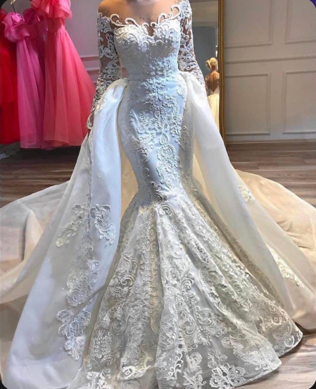Elegant Long Sleeve Lace Mermaid Wedding Dress with Detachable Train - Princess Style Bridal Gown for Church, Beach, and Formal Weddings