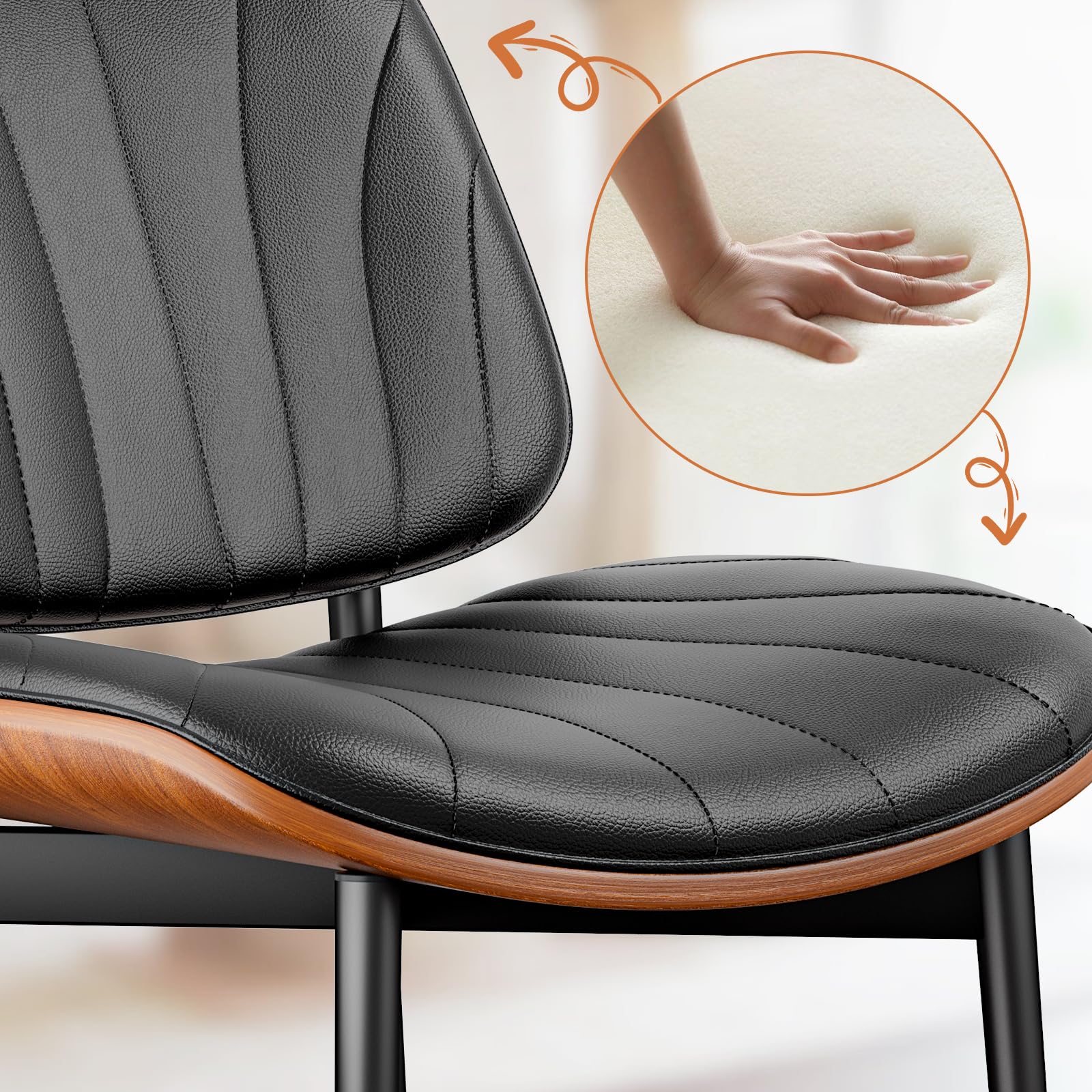 4-Piece Mid Century Modern Dining Chairs Set - FSC Certified PU Leather Upholstered Chairs with Walnut Bentwood & Metal Legs - Perfect for Kitchen, Dining Room or Vanity Area - Black Contemporary Seating