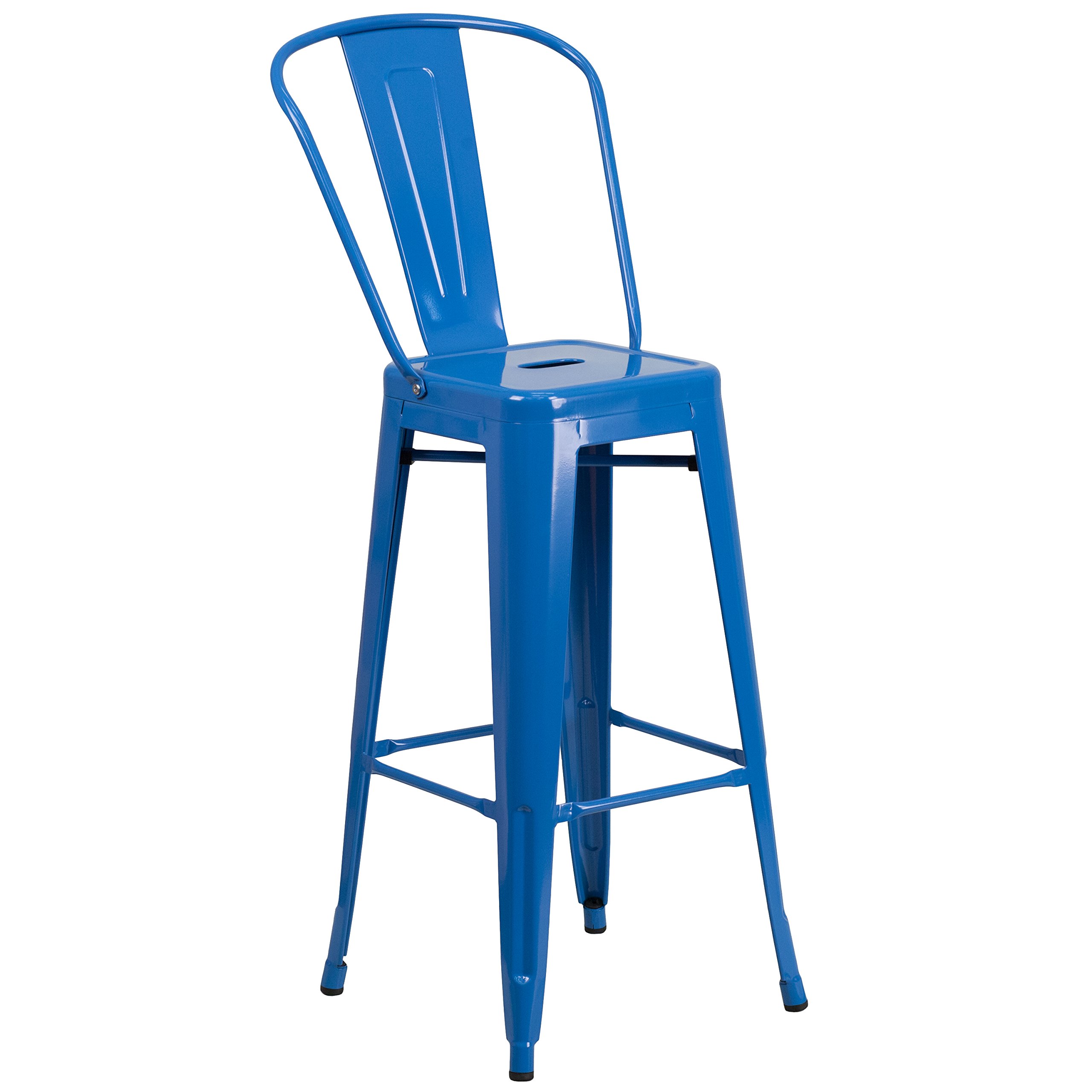 EMMA + OLIVER 30 Inch Commercial Grade Blue Metal Bar Stool with Back - Heavy Duty Indoor Outdoor Counter Height Stool for Kitchen Island, Bar, Restaurant & Patio