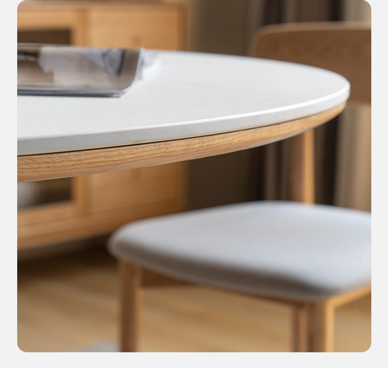 Solid Oak Wood Round Nordic Dining Table with Rock Slab Surface - Modern Farmhouse Kitchen & Dining Room Furniture for Family Gatherings