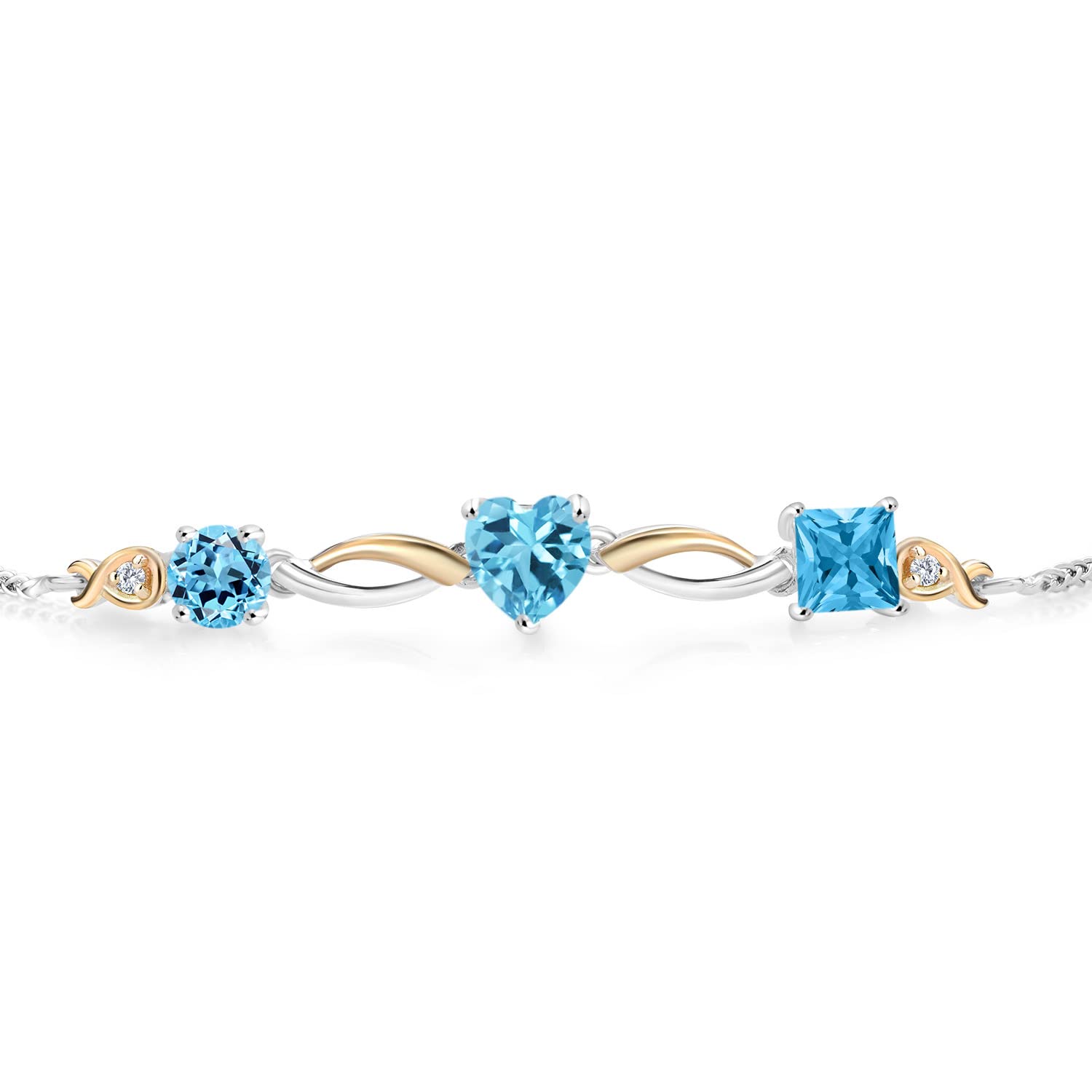2.40 Ct Round Swiss Blue Topaz & 10K Yellow Gold Lab-Grown Diamond Bracelet for Women - 925 Sterling Silver Gemstone Jewelry | Perfect for Weddings, Anniversaries & Special Occasions