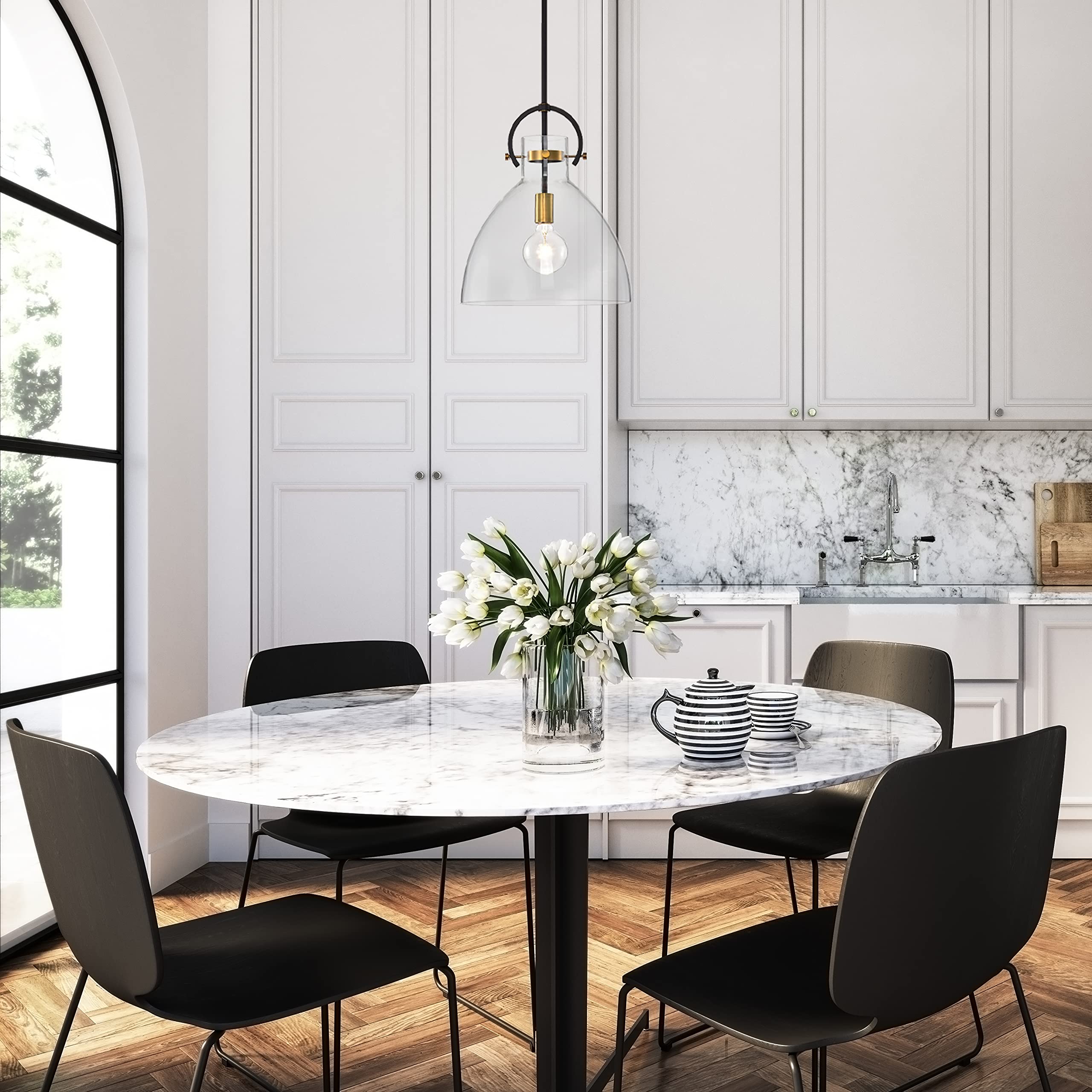 Edvivi 1-Light Oil Rubbed Bronze & Antique Gold Bowl Shaped Clear Glass Pendant Light Fixture - Perfect for Kitchen Island, Dining Room, or Entryway Lighting