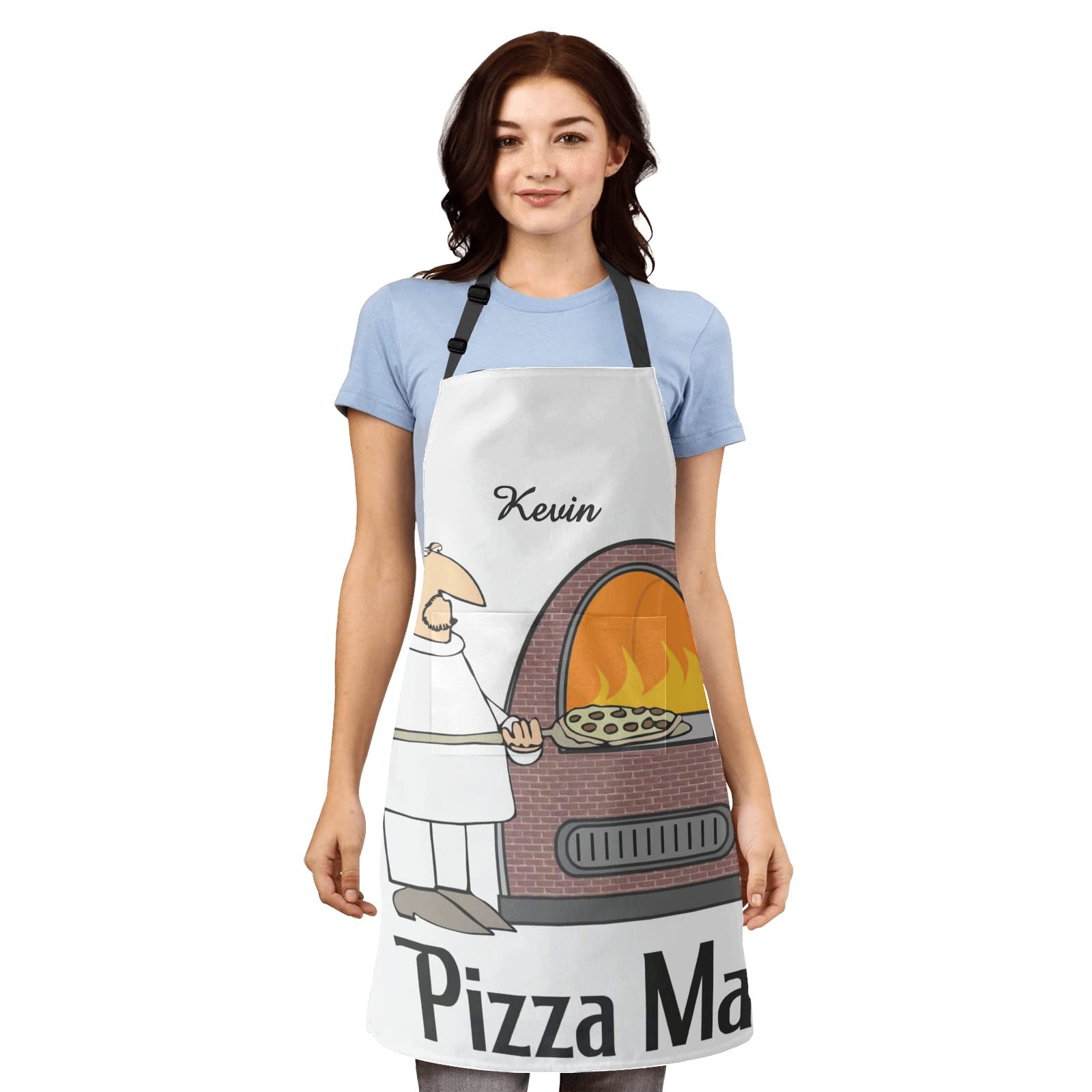 MakeUnique Personalized Pizza Chef Cartoon Apron for Women & Men - Kitchen Cooking Baking Housework Hairstylist Barber Chef Apron with Pockets (27.56x31.5 Inch) - Perfect for Home Cooking, BBQ Parties & Professional Kitchen Use