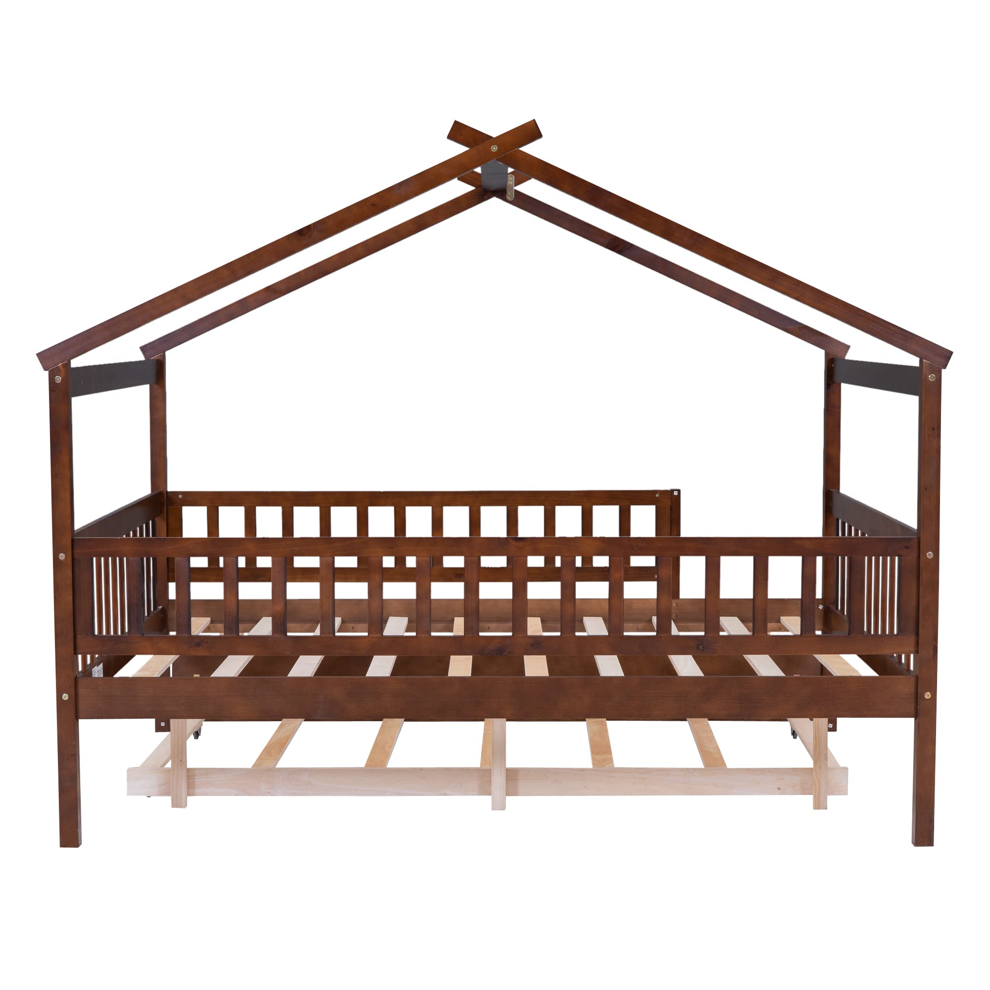 RUNNA Full Size Wooden House Bed with Twin Trundle & Roof - Solid Wood Platform Bed with Headboard & Footboard for Kids, Toddlers & Teens - Perfect for Bedrooms, Playrooms & Sleepovers (Walnut Finish, Full Size)