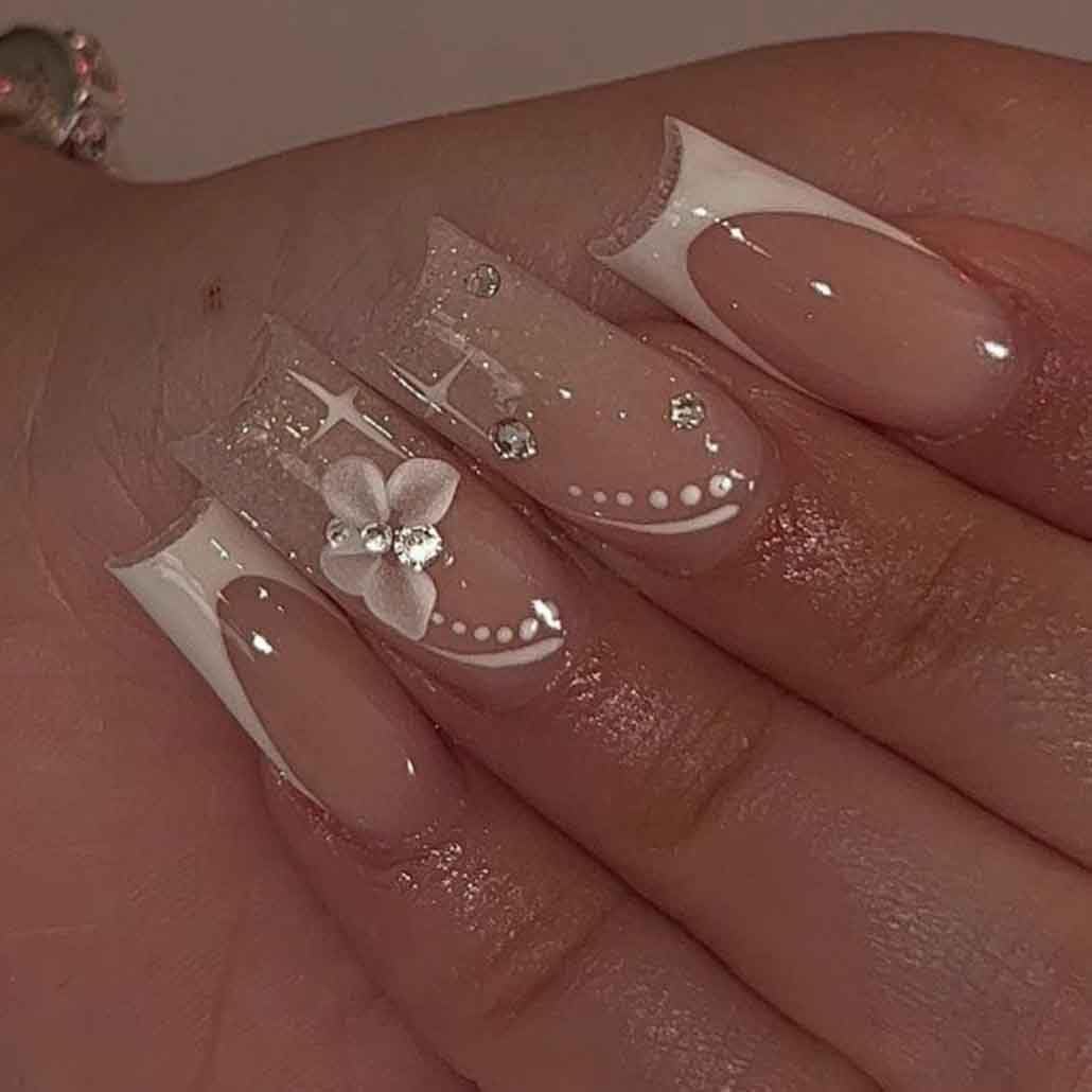 24PCS Long Press On Nails - Nude Square Clear Acrylic False Nails with French Tip & Bling Rhinestone Butterfly Design - Perfect for Parties, Weddings & Special Occasions