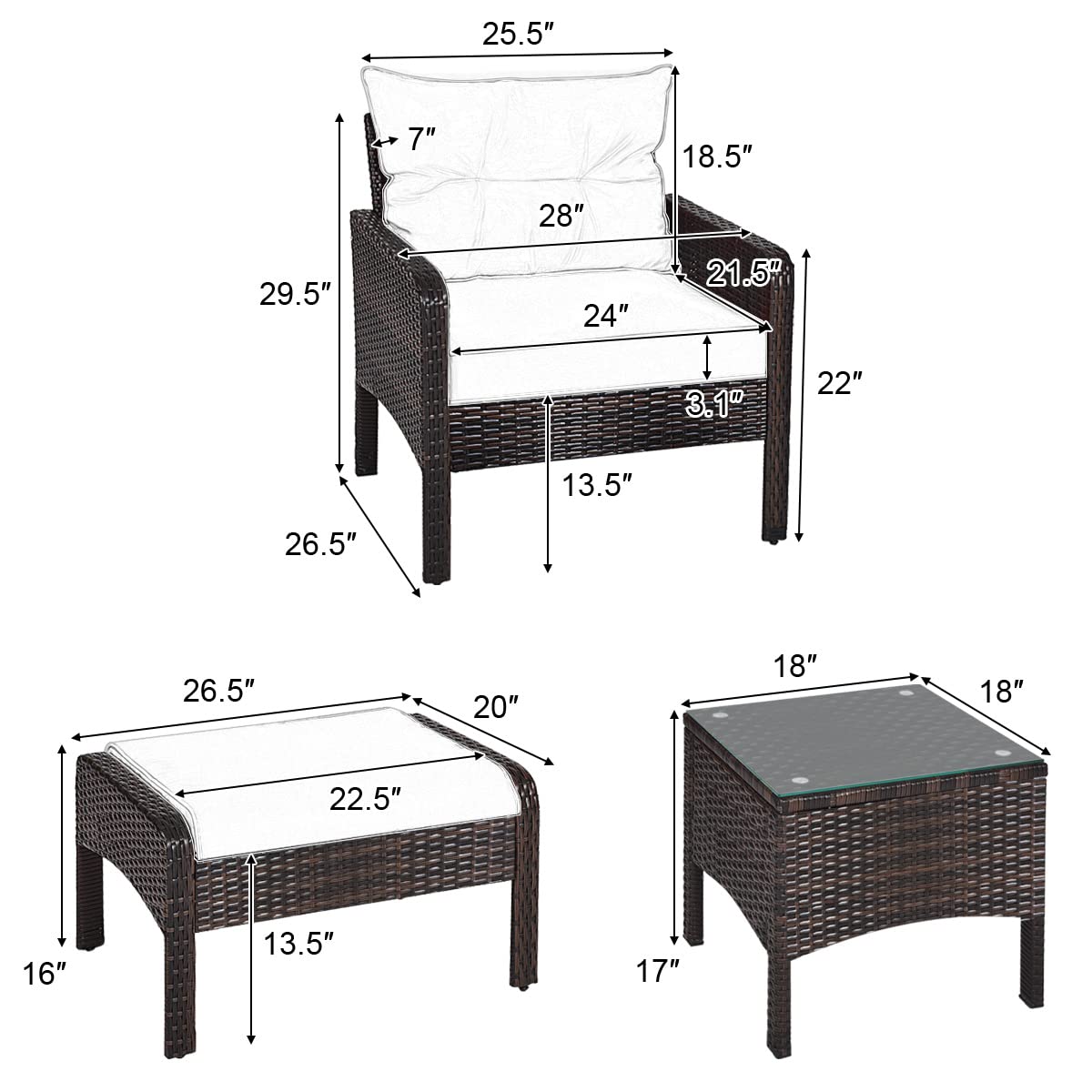HappyGrill 5-Piece Patio Furniture Set - Outdoor Rattan Wicker Conversation Set with Coffee Table, Cushioned Sofas & Ottoman - Perfect for Garden, Backyard, and Poolside Relaxation