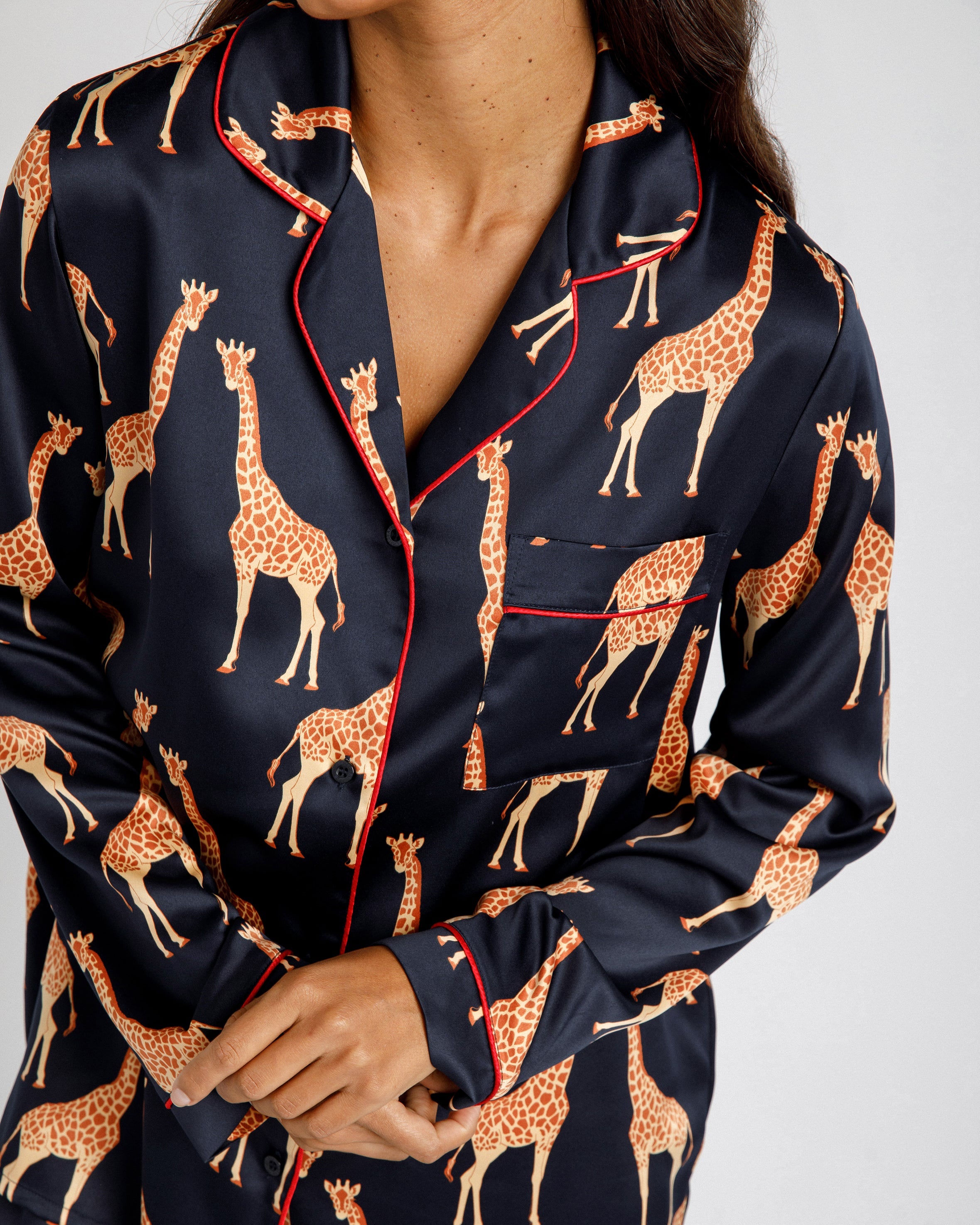Satin Giraffe Print Long Pajama Set for Women - Soft & Comfortable Sleepwear - Navy Blue Animal Print Pajamas for Lounge, Sleep & Relaxation at Home