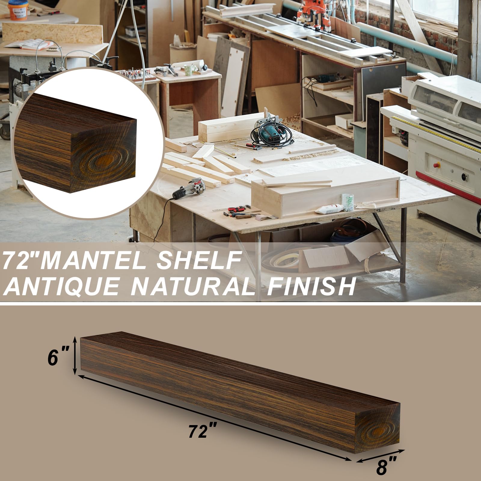 LOVMOR 72-Inch Floating Fireplace Mantel Shelf - Natural Wood Wall Mounted Mantel for Fireplace Decor, 72