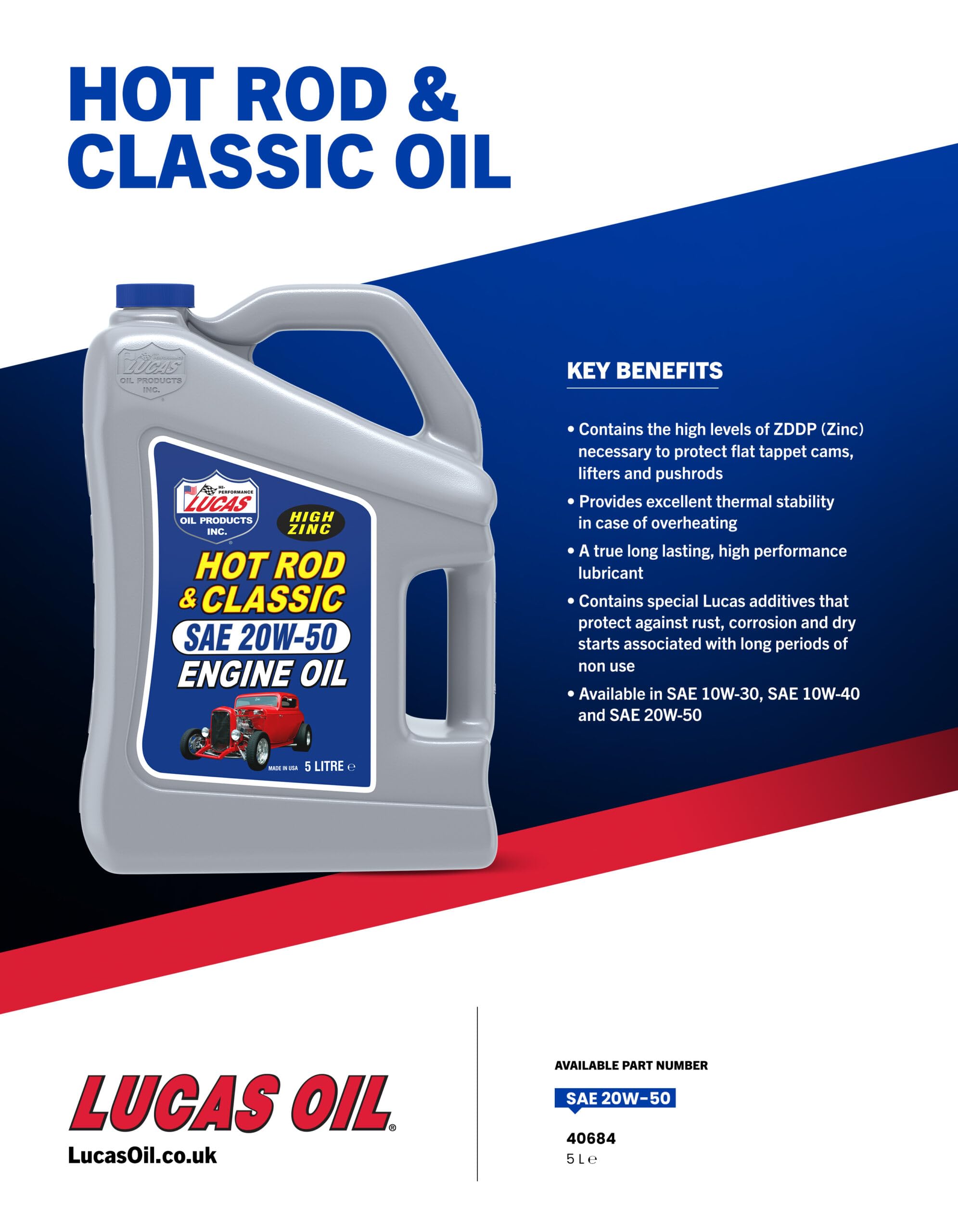 Lucas Oil 10684-3PK 20W-50 High Performance Motor Oil - 5 Quart Jug (3 Pack) for Classic Cars, Hot Rods & High Mileage Engines - Ideal for Summer Driving & Heavy-Duty Use