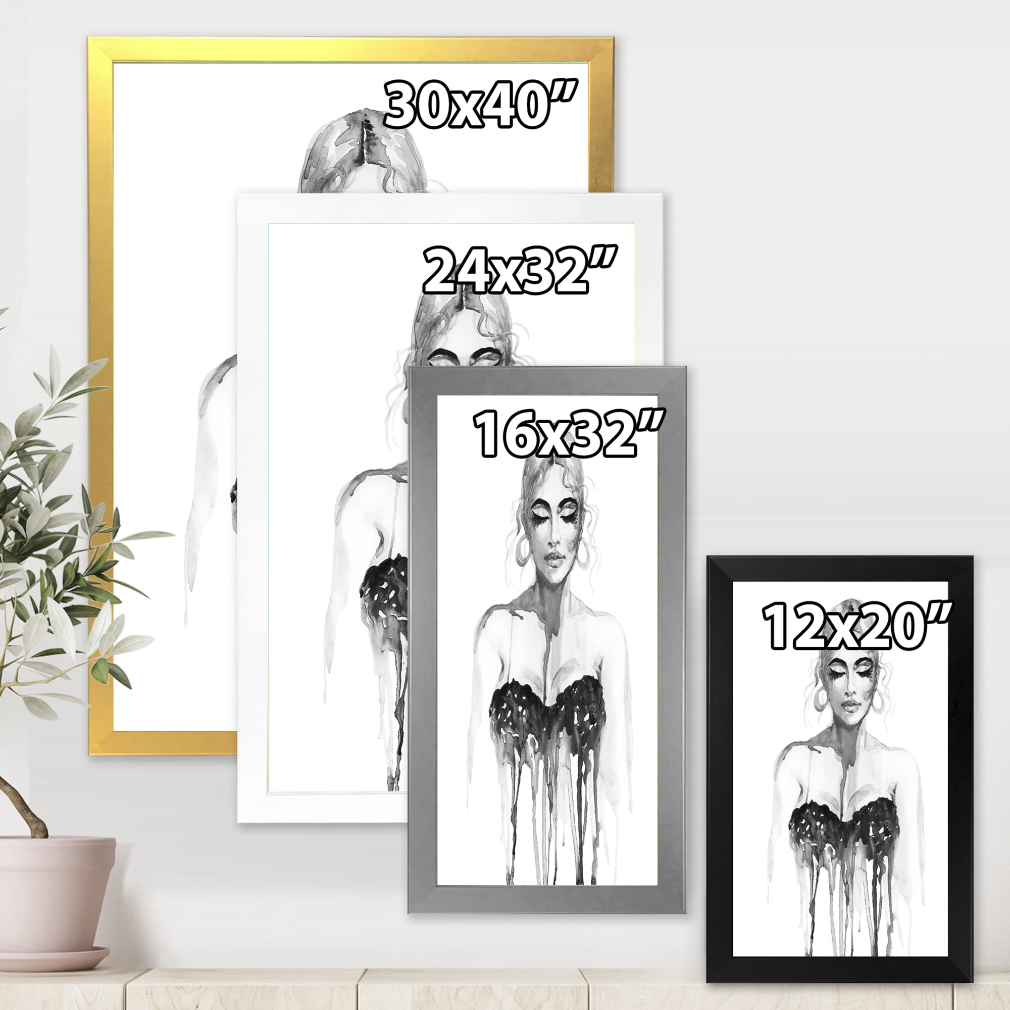 DesignQ Black and White Portrait of Elegant Woman in Evening Gown - Modern Framed Canvas Wall Art Decor for Living Room, Bedroom & Office