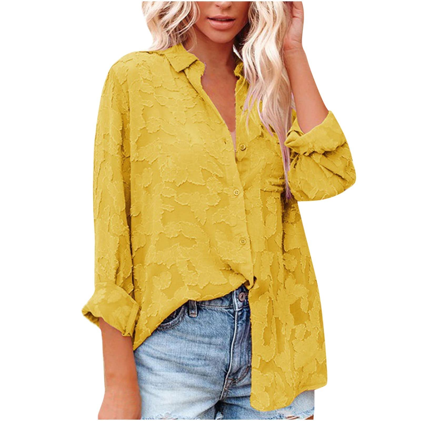 Women's Oversized Loose Fit Plaid Button Down V-Neck Long Sleeve T-Shirt with Pockets - Casual Work Shirt in Yellow (Large) - Perfect for Office Wear, Weekend Outings & Layered Fall Fashion