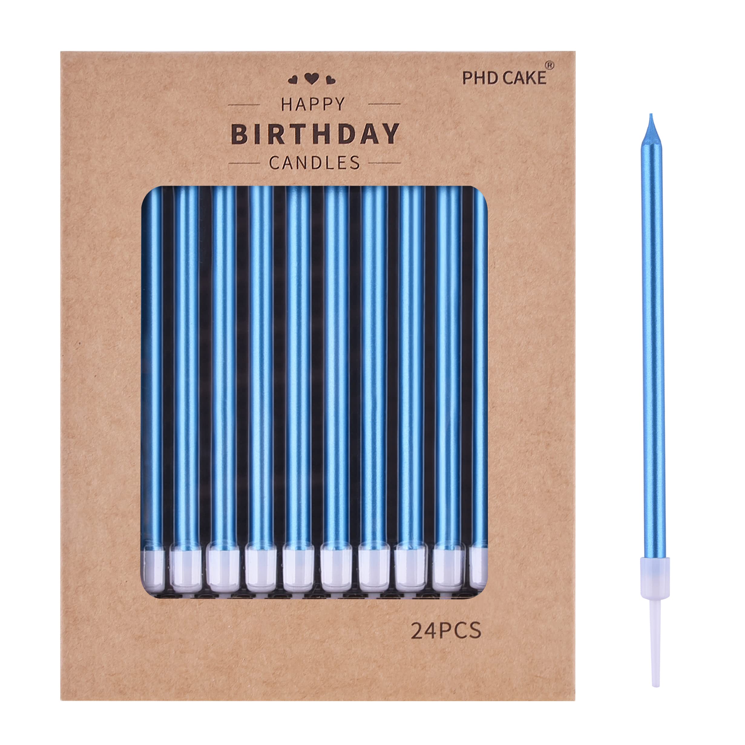 PHD CAKE Blue Long Thin Metallic Birthday Candles - Elegant Cake Candles for Birthday Parties, Wedding Decorations & Special Events - Perfect for Cakes, Cupcakes & Dessert Tables
