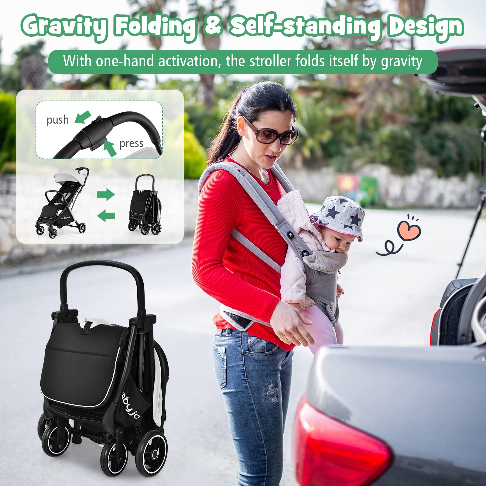 BABY JOY Lightweight Compact Baby Stroller for Travel - Adjustable Canopy & Backrest, Storage Basket, Self-Standing Gravity Fold, Aluminum Frame (Gray) | Perfect for Airplane, Shopping & Daily Use with Toddlers & Infants