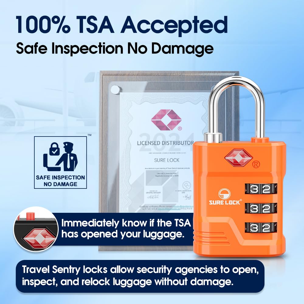 TSA Approved Luggage Locks - SURE LOCK High Security Travel Locks with Open Alert & Easy Read Dials, Zinc Alloy Body, TSA008 Key - 2 Pack Orange for Suitcases, Gym Lockers & Backpacks | Perfect for Air Travel, Hotels & Secure Storage