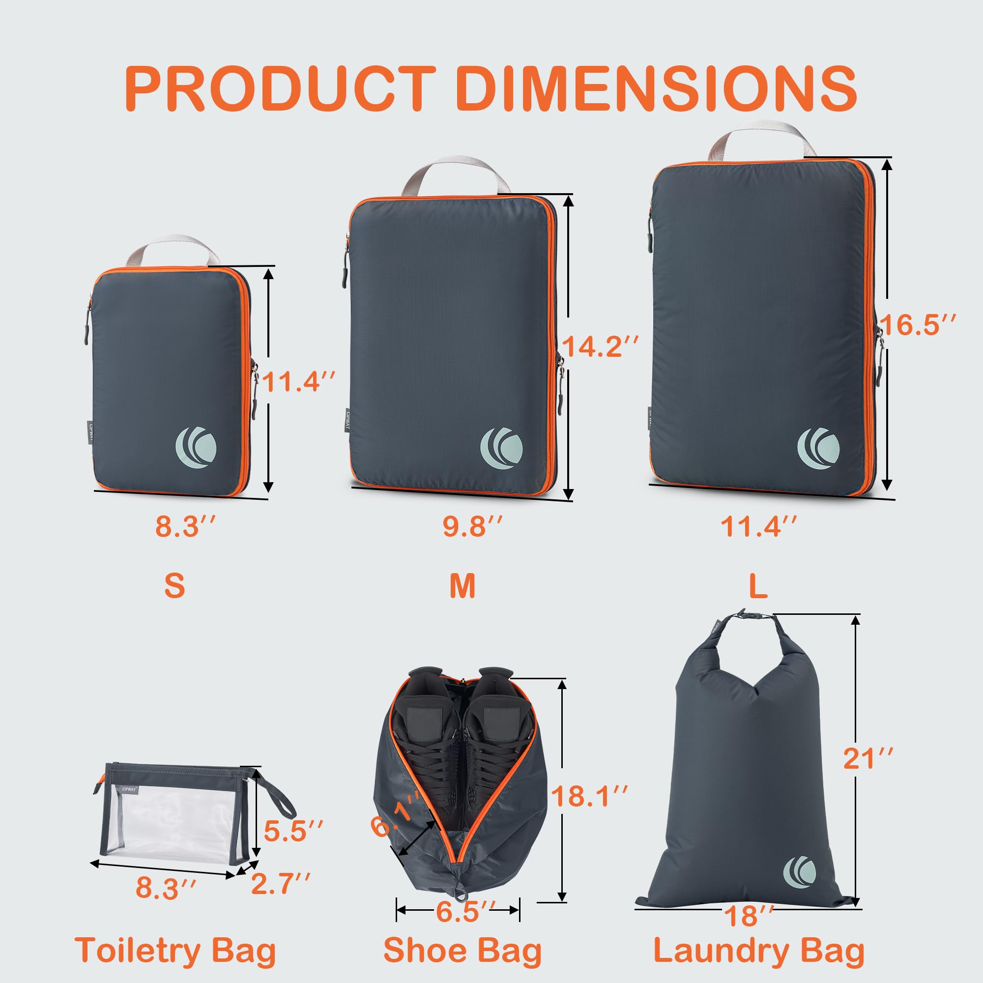Cipway 8-Piece Travel Compression Packing Cubes Set - Lightweight Luggage Organizer with Shoe Bag, Toiletry Bag & Laundry Bag - Perfect for Carry-On Suitcases & Backpacks - Ideal for Business Trips, Vacations & Weekend Getaways (Gray)