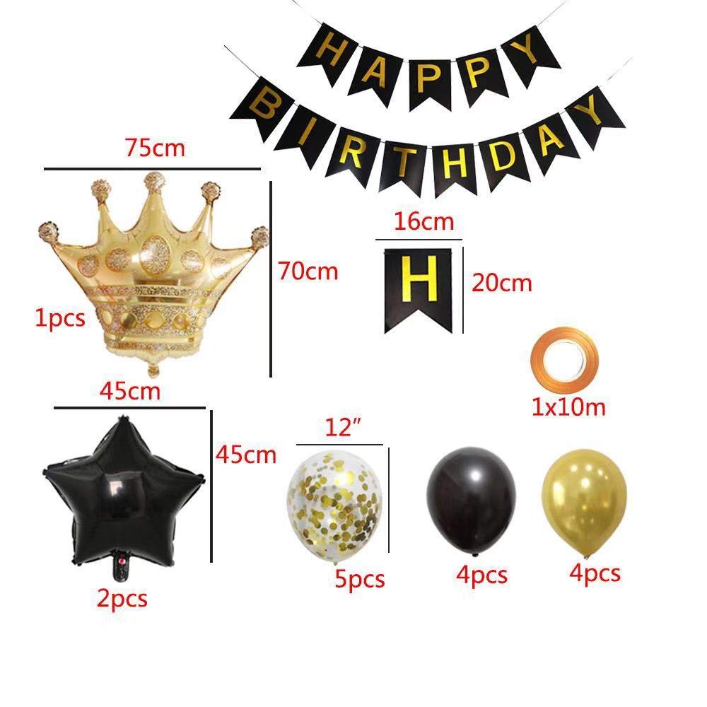 Happy Birthday Party Decorations Kit - Gold & Black Latex Balloons, Birthday Banner, Crown Balloon - Perfect for Birthday Parties, Baby Showers & Celebrations