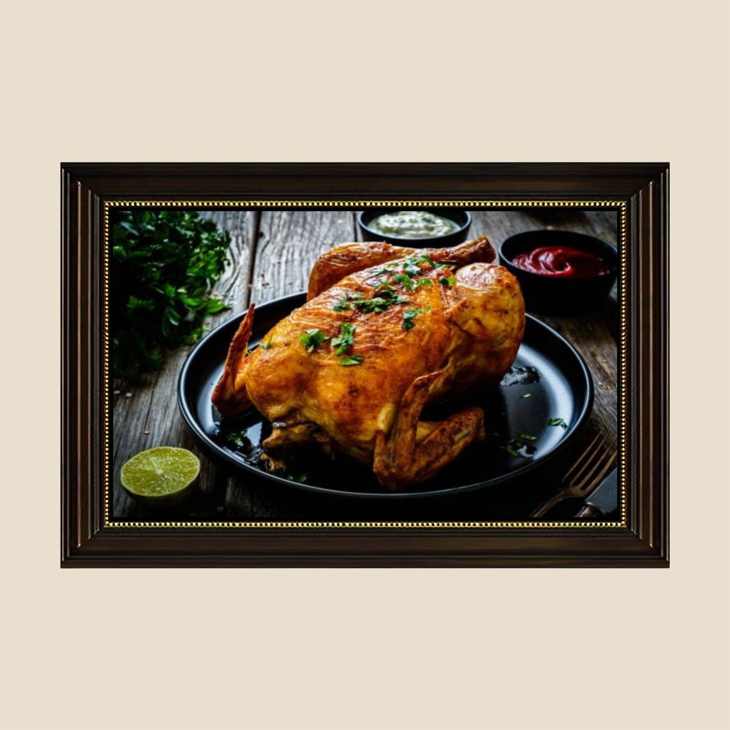 Roast Chicken Canvas Wall Art Print - 24x36 Inch Ready to Hang Kitchen Decor, Retro Wooden Table Painting for Dining Room & Bedroom - Perfect for Farmhouse, Country Style Home Decoration