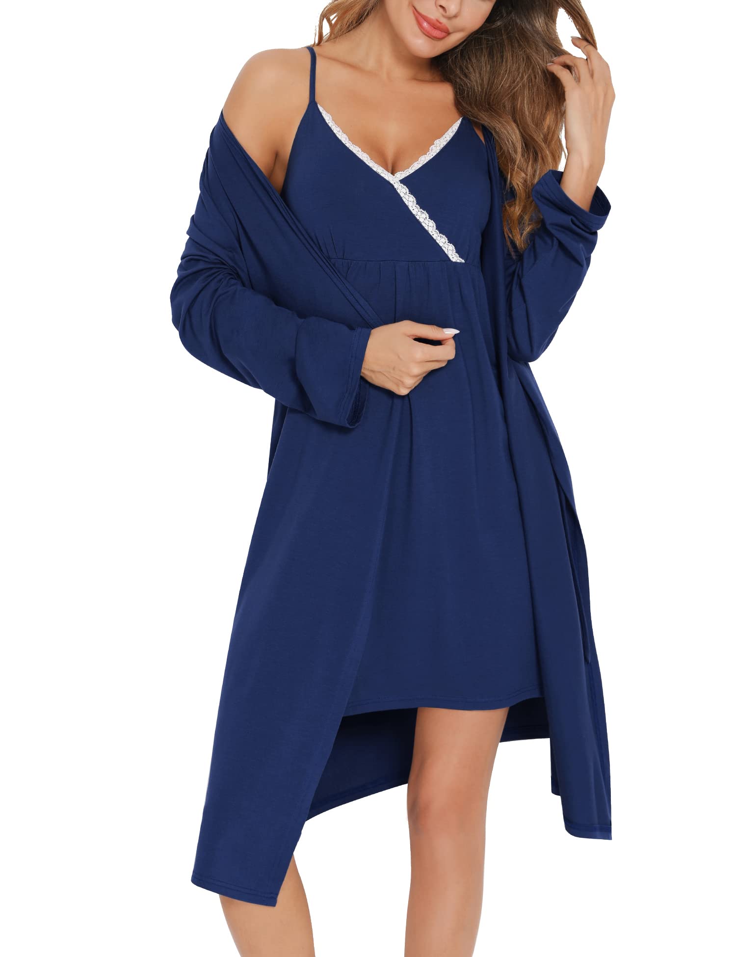 SWOMOG Women's Maternity Robe & Nursing Nightgown Set - 3-in-1 Breastfeeding Dress with Lace Trim, Labor Delivery Gown & Bathrobe for New Moms - Perfect for Hospital Stay, Nursing at Home & Postpartum Comfort