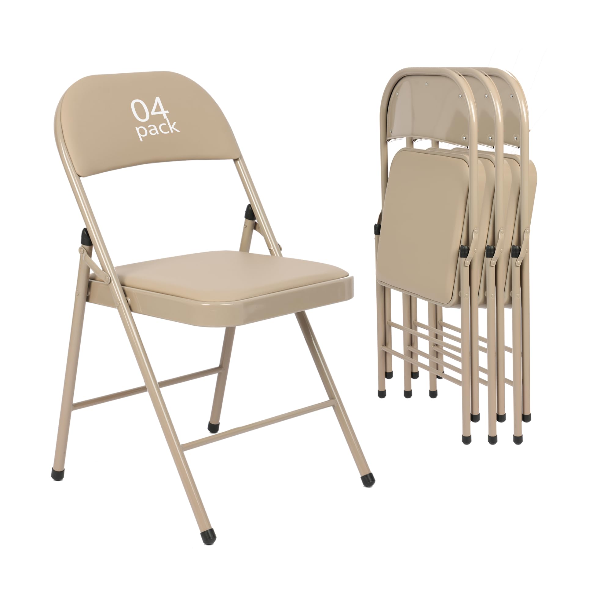 4 Pack Khaki Padded Folding Chairs - Stackable Portable Leather Chairs for Indoor Outdoor Use, Wedding Party Office Events, Camping Picnic Backyard BBQs (Urban Khaki)