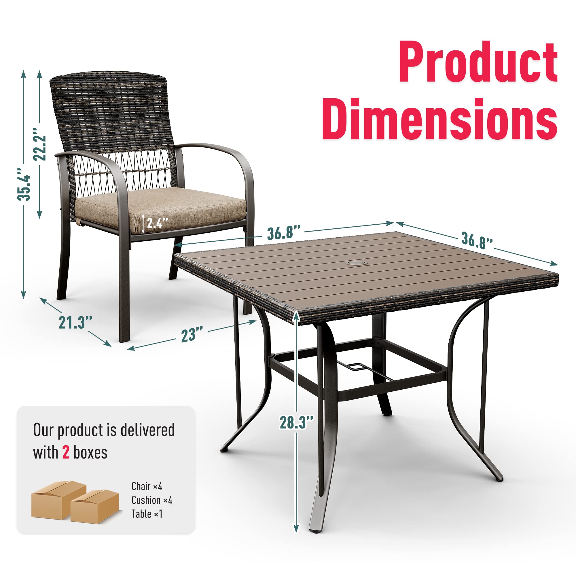 Pamapic 5-Piece Outdoor Patio Dining Set - Weather-Resistant PE Rattan Table & Chairs with Comfortable Cushions - Easy to Maintain Beige Furniture for Garden, Backyard, Poolside & Terrace