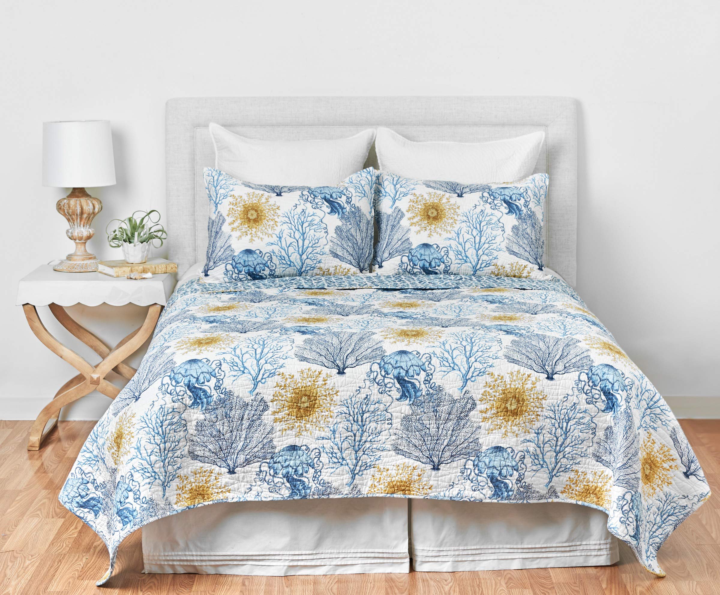 C&F Home Monterey Mist 3-Piece Quilt Set - Full/Queen Size with White, Blue & Gold Coral Pattern, Includes Quilt & Shams | Coastal Bedroom Decor, Guest Room Luxury Bedding