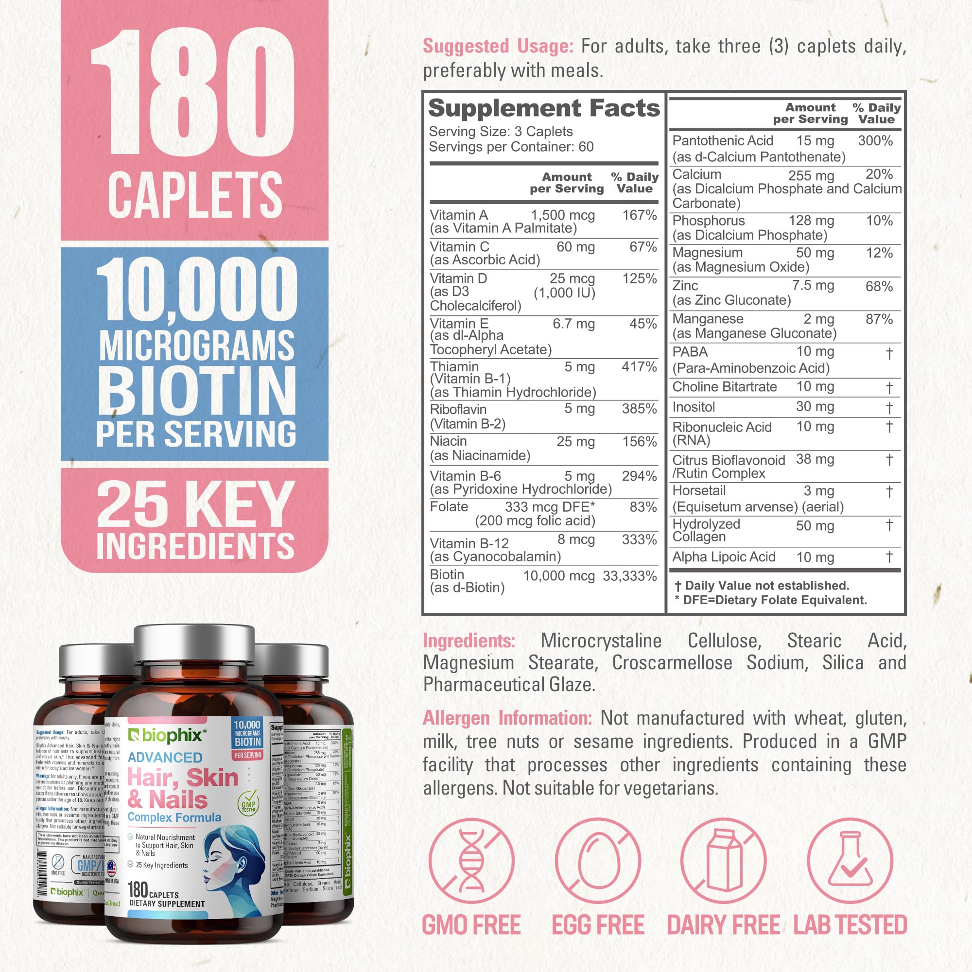 Biophix Hair Skin and Nails Complex 180 Caplets with 10,000 mcg Biotin - Multivitamin Supplement for Strong Nails, Healthy Hair & Skin, Anti-Aging Support - Perfect for Daily Beauty & Wellness Routine