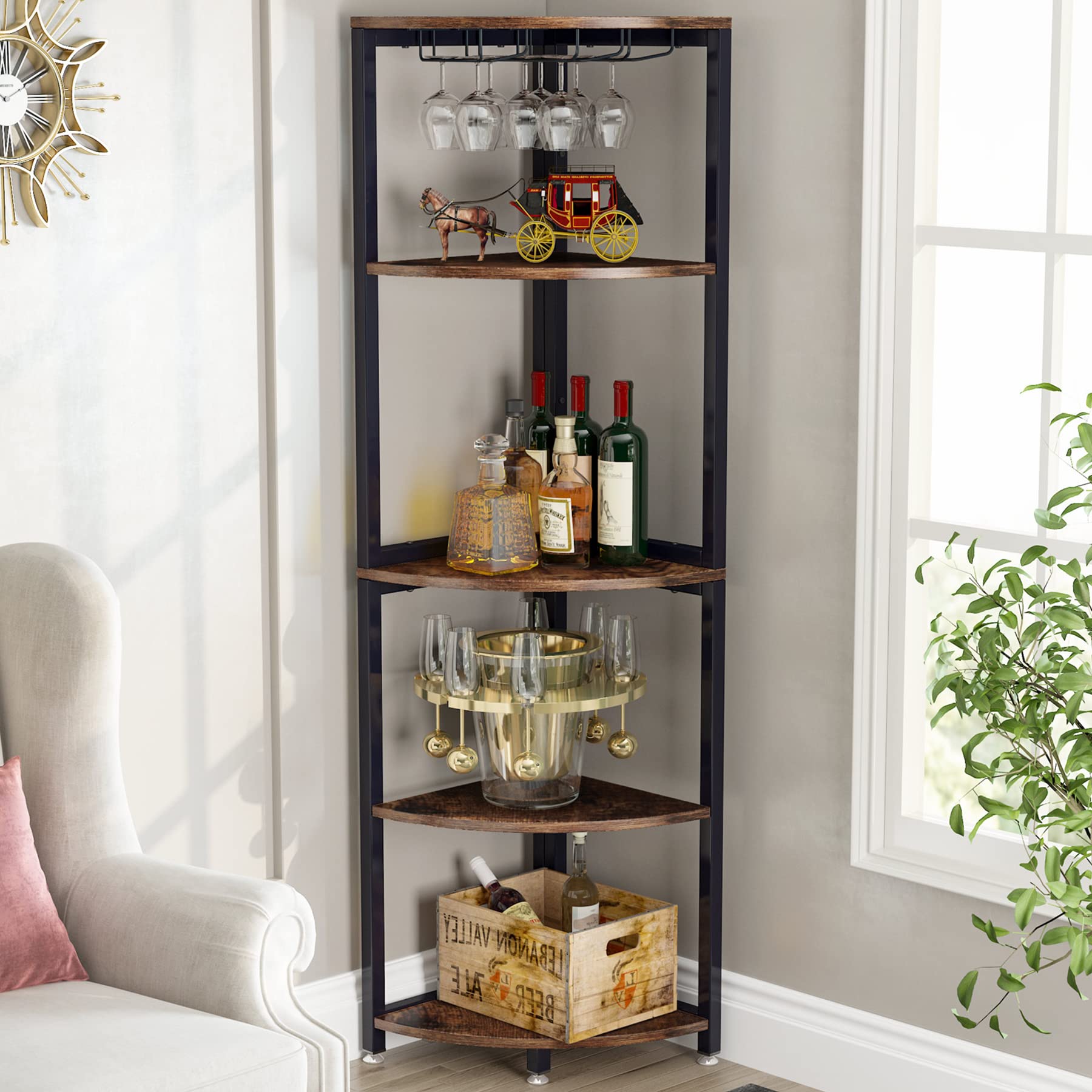 Tribesigns 5-Tier Corner Shelf - Rustic Brown Wooden Bookcase with Wine Rack & Glass Holder, Space-Saving Storage Solution for Living Room, Kitchen, Dining Room - Perfect for Home Decor, Wine Display & Book Organization