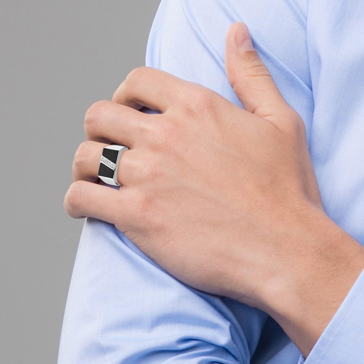 925 Sterling Silver Men's Cubic Zirconia & Simulated Onyx Ring - Polished Elegant Wedding Band, Anniversary Gift for Him, Perfect for Formal Events & Date Nights